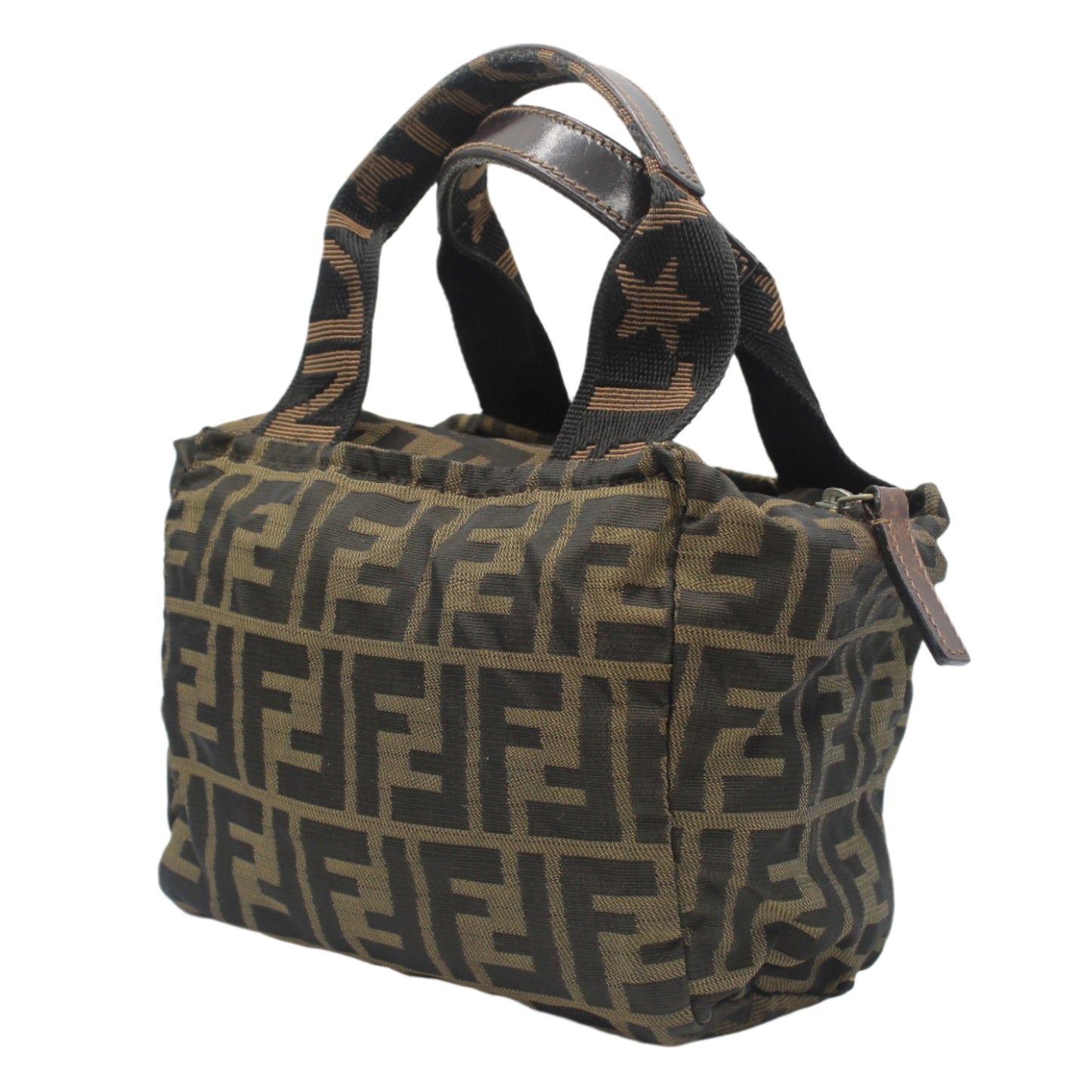 Brown patterned handbag on a white background