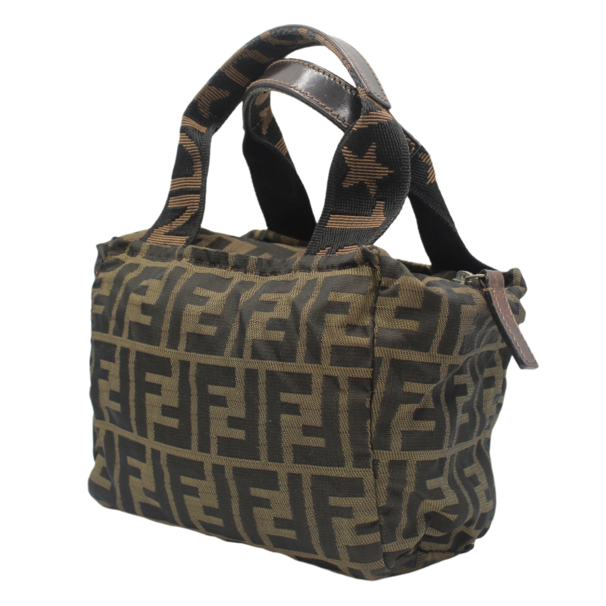 Brown patterned handbag on a white background