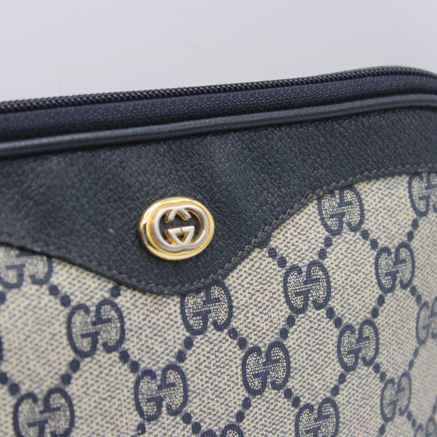 Gucci Beige GG Coated Canvas Navy Leather Crossbody Bag