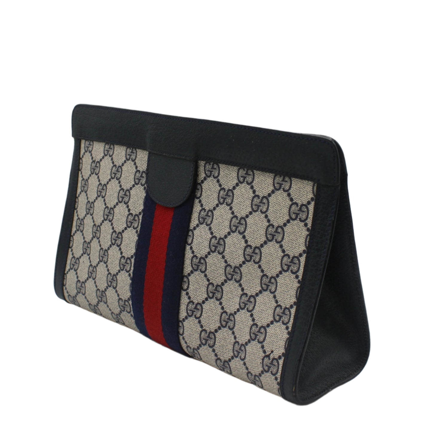 Gucci Beige GG Canvas Navy Leather Stripe Clutch Bag