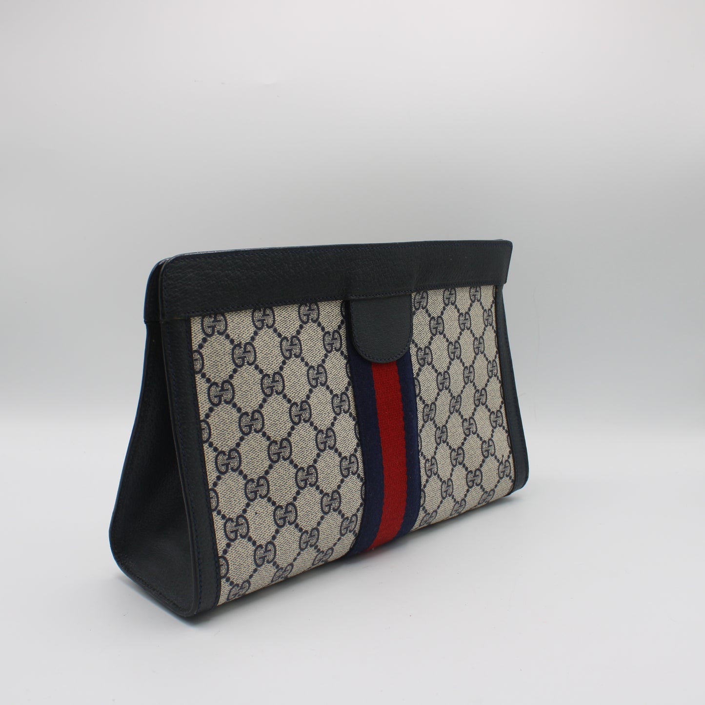 Gucci Beige GG Canvas Navy Leather Stripe Clutch Bag