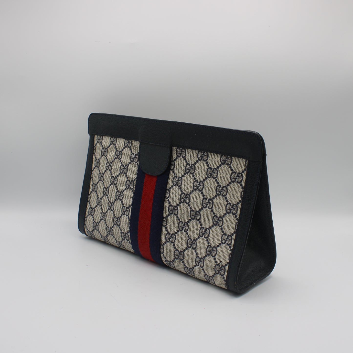 Gucci Beige GG Canvas Navy Leather Stripe Clutch Bag