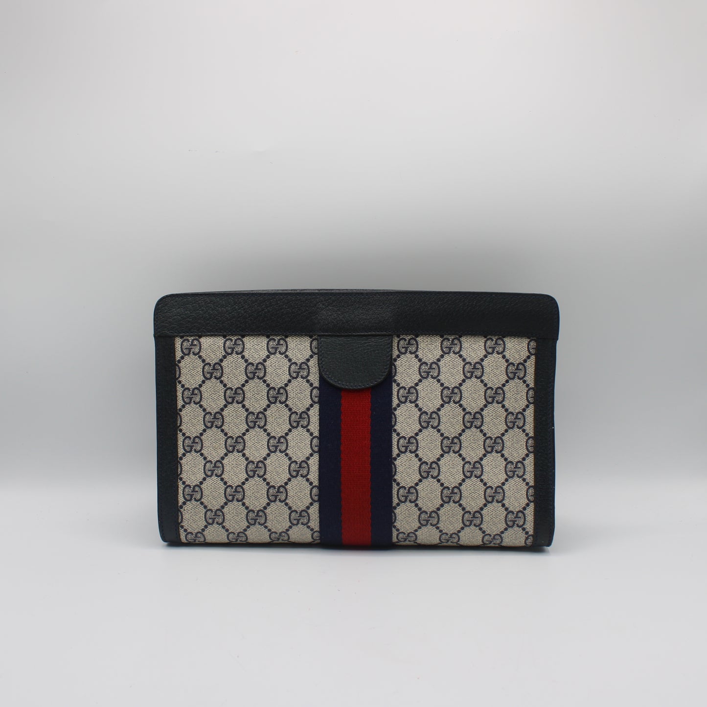 Gucci Beige GG Canvas Navy Leather Stripe Clutch Bag