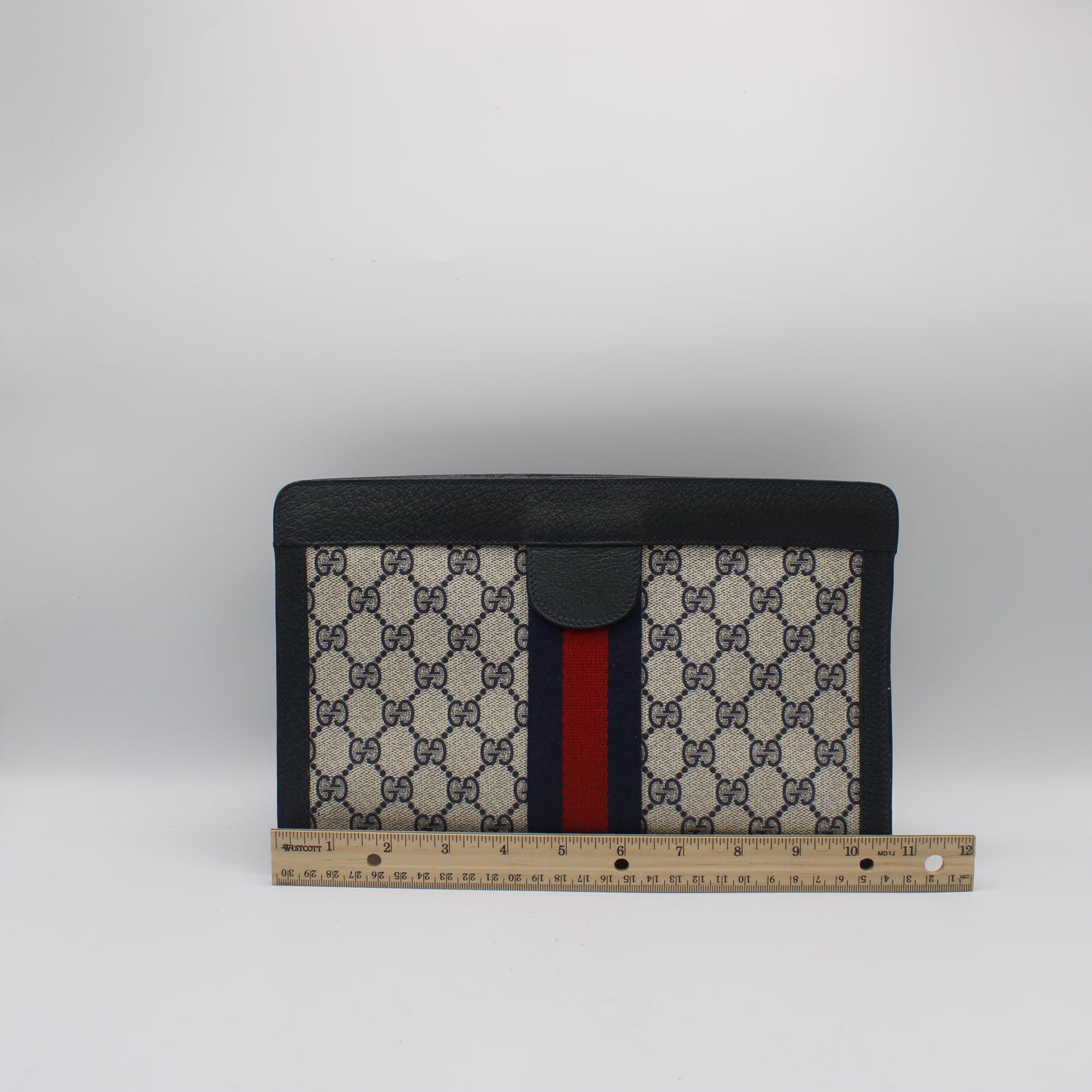 Gucci Beige GG Canvas Navy Leather Stripe Clutch Bag