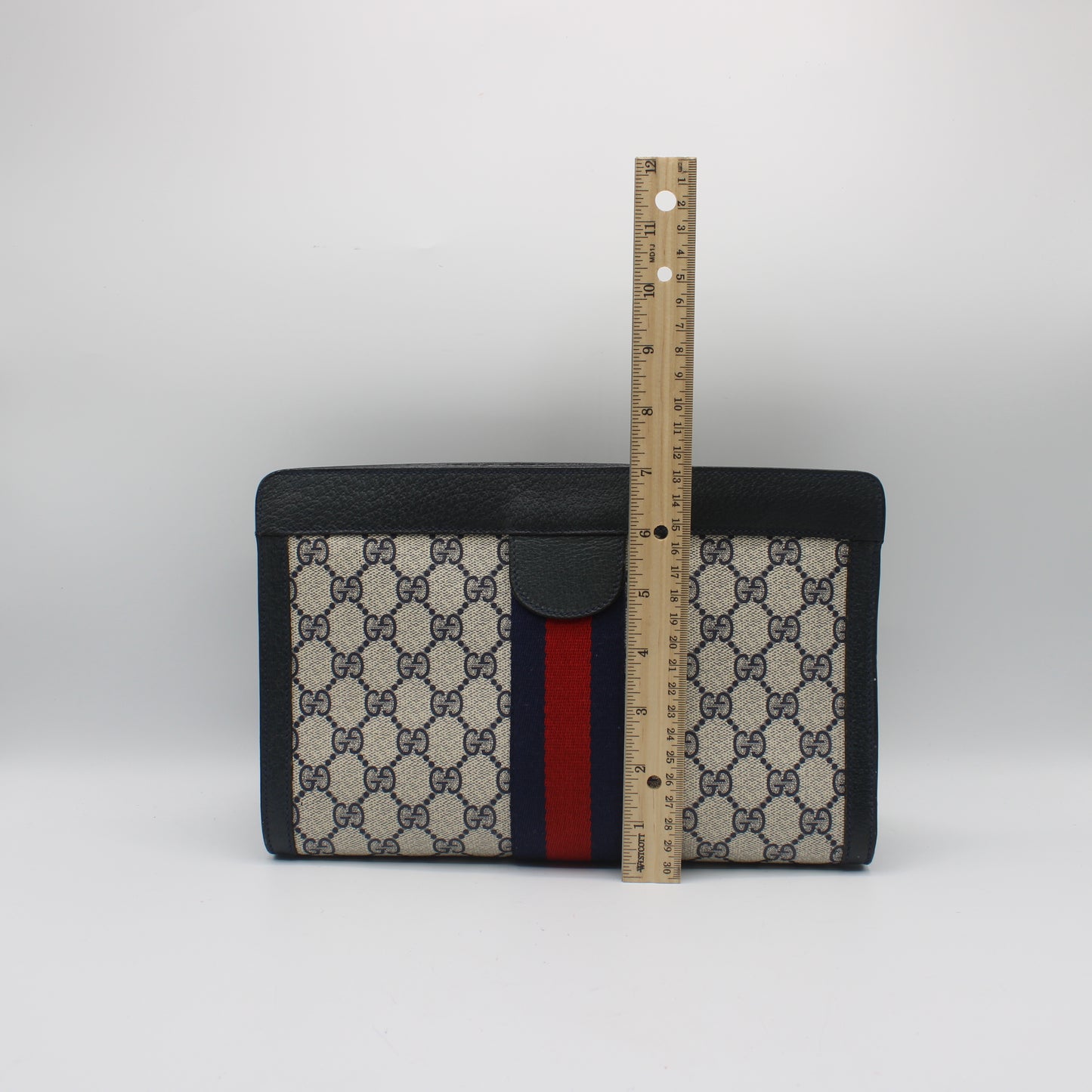 Gucci Beige GG Canvas Navy Leather Stripe Clutch Bag