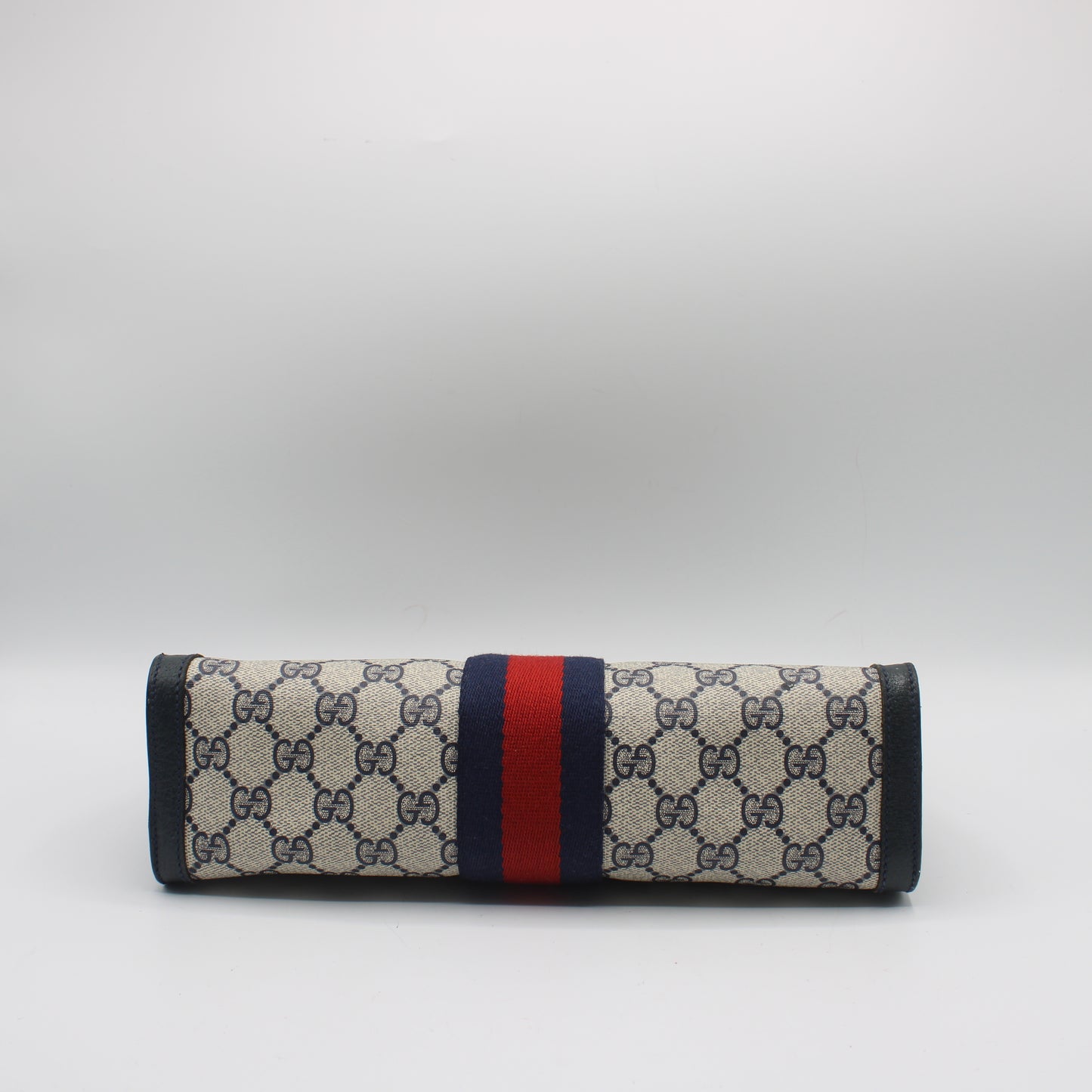 Gucci Beige GG Canvas Navy Leather Stripe Clutch Bag