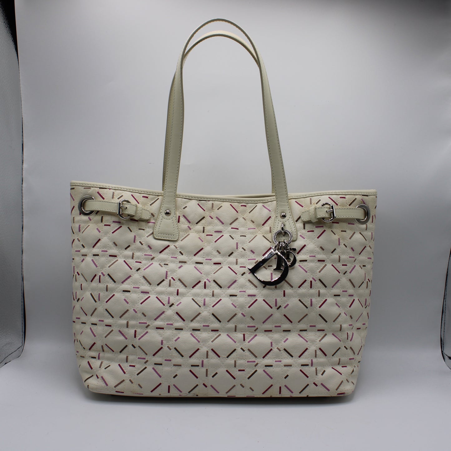 Christian Dior Ivory Cannage Canvas Multicolor Tote Bag