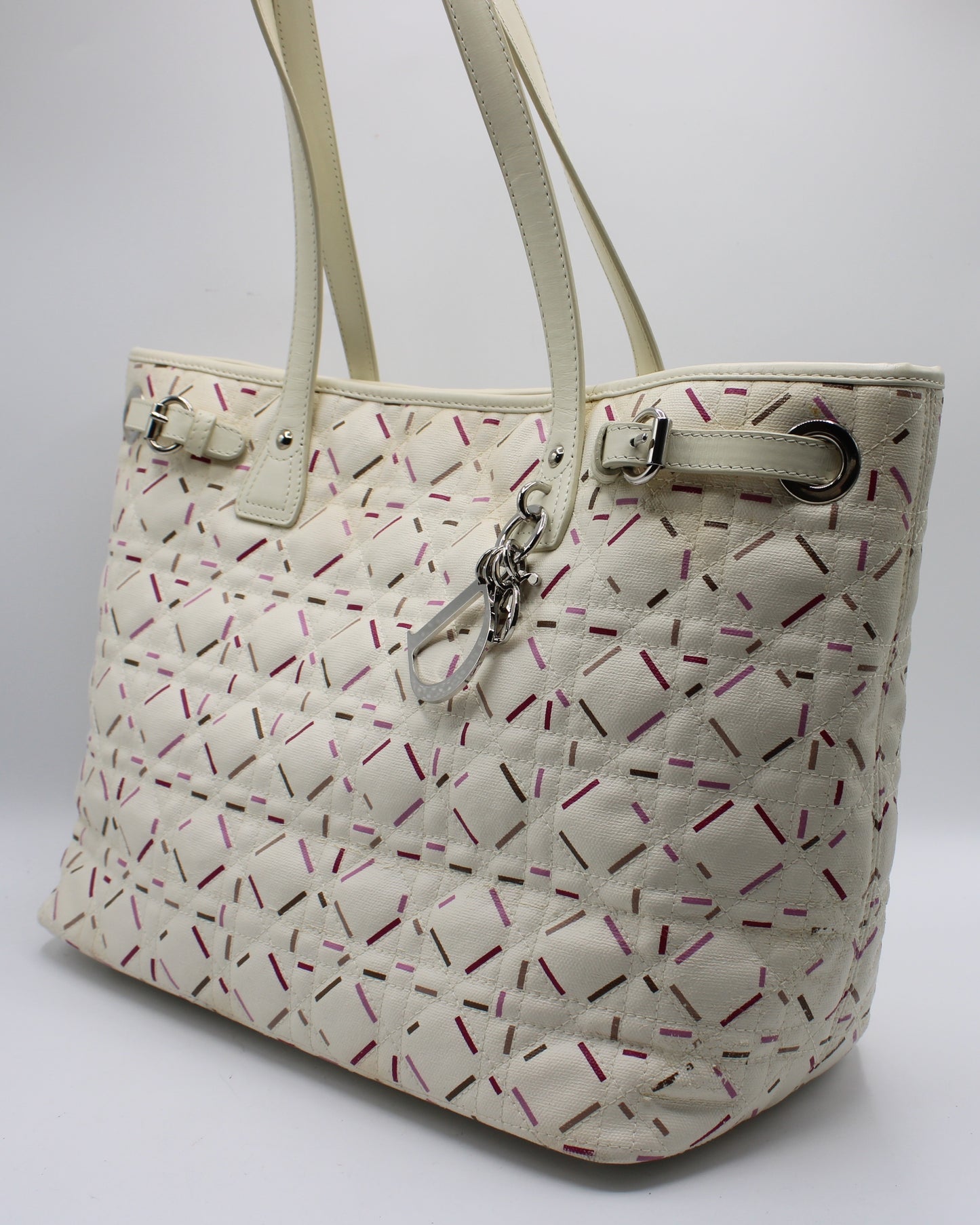 Christian Dior Ivory Cannage Canvas Multicolor Tote Bag