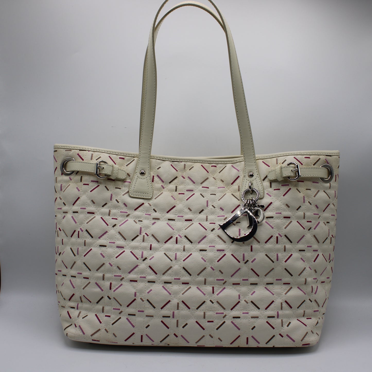 Christian Dior Ivory Cannage Canvas Multicolor Tote Bag