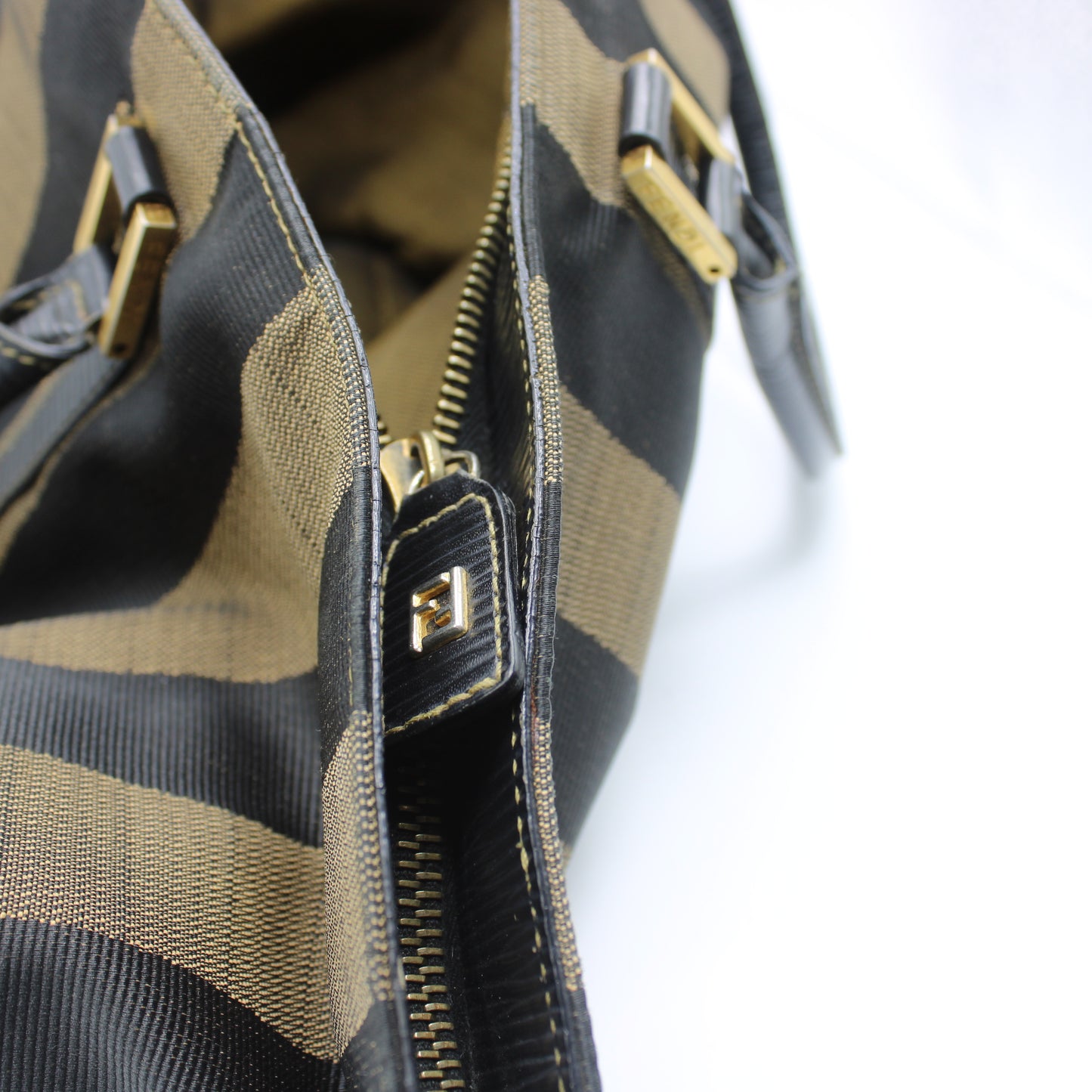 Fendi Brown Black Canvas Leather Pequin Vintage Tote Bag