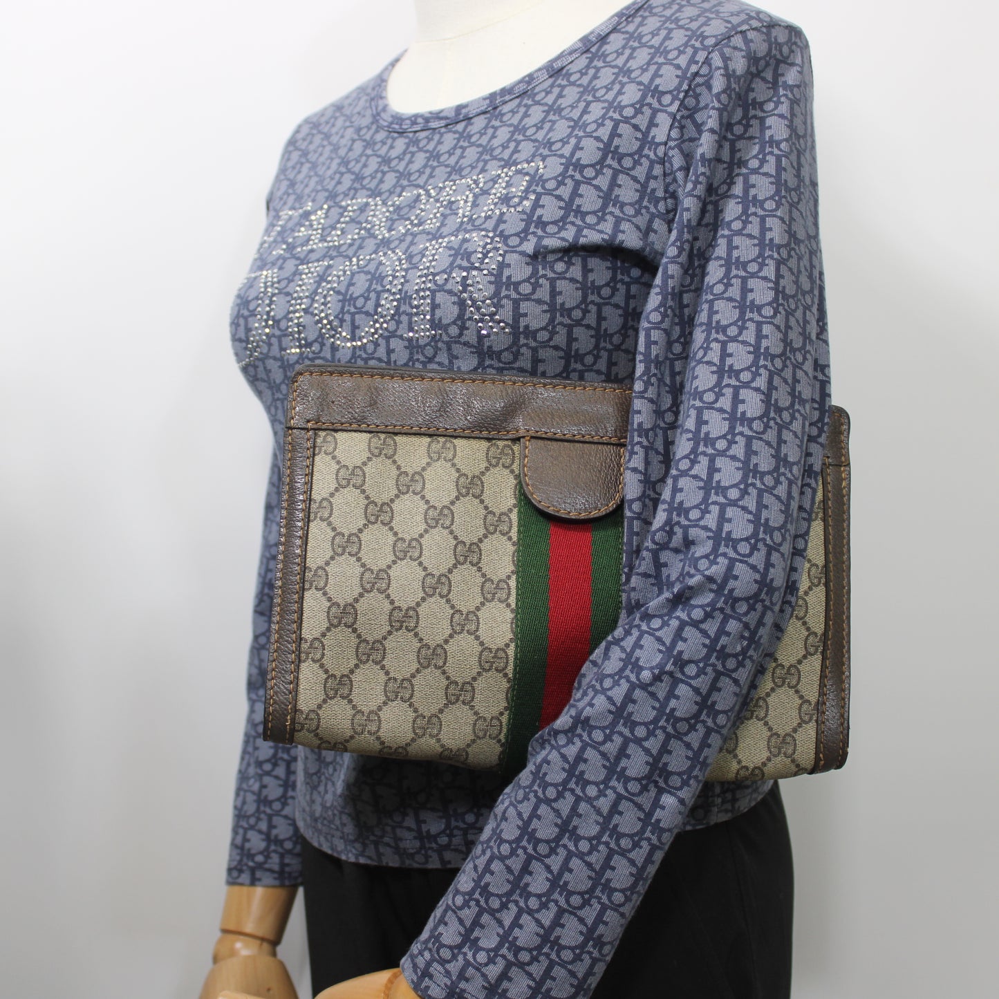 Gucci Beige GG Canvas Brown Leather Stripe Clutch Bag