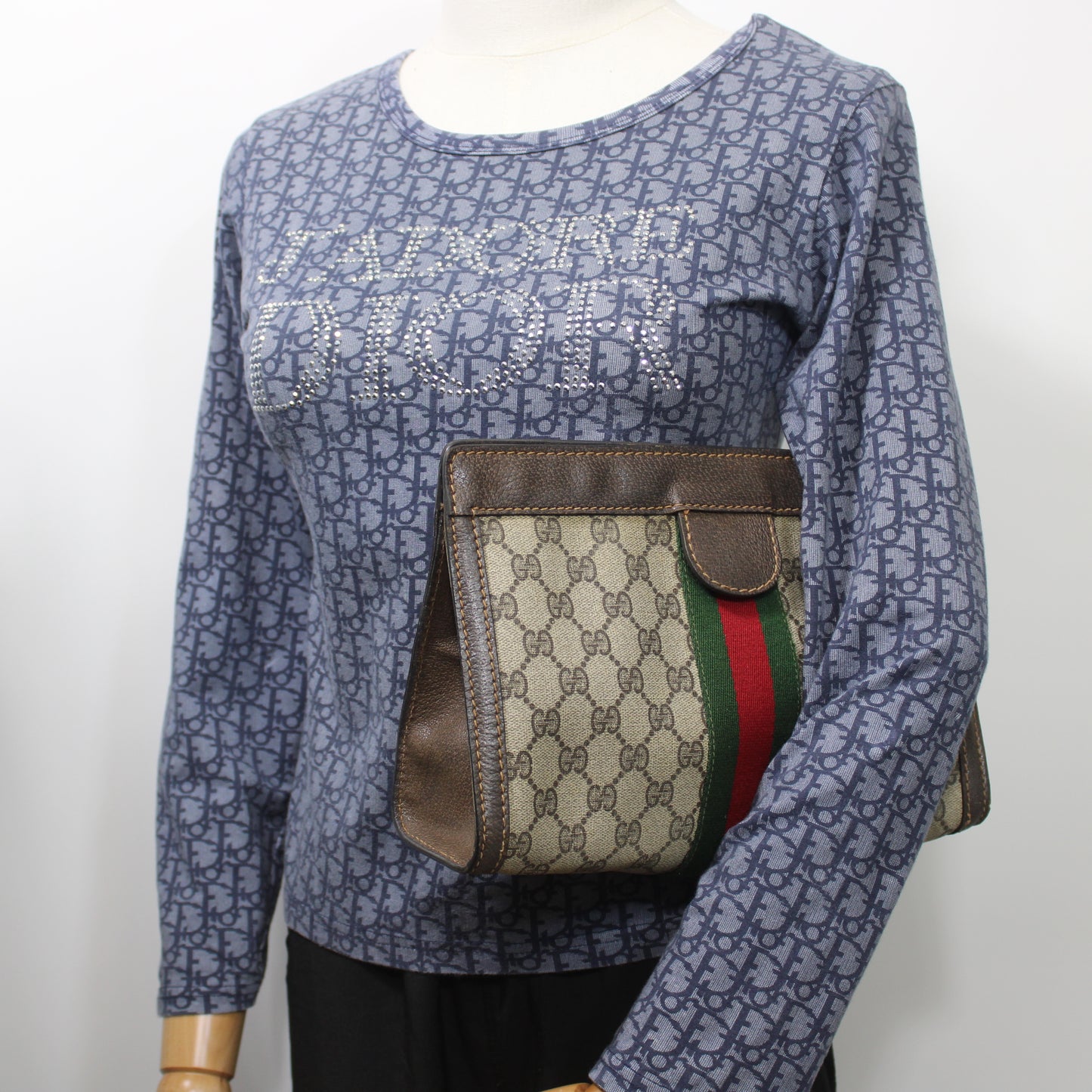 Gucci Beige GG Canvas Brown Leather Stripe Clutch Bag