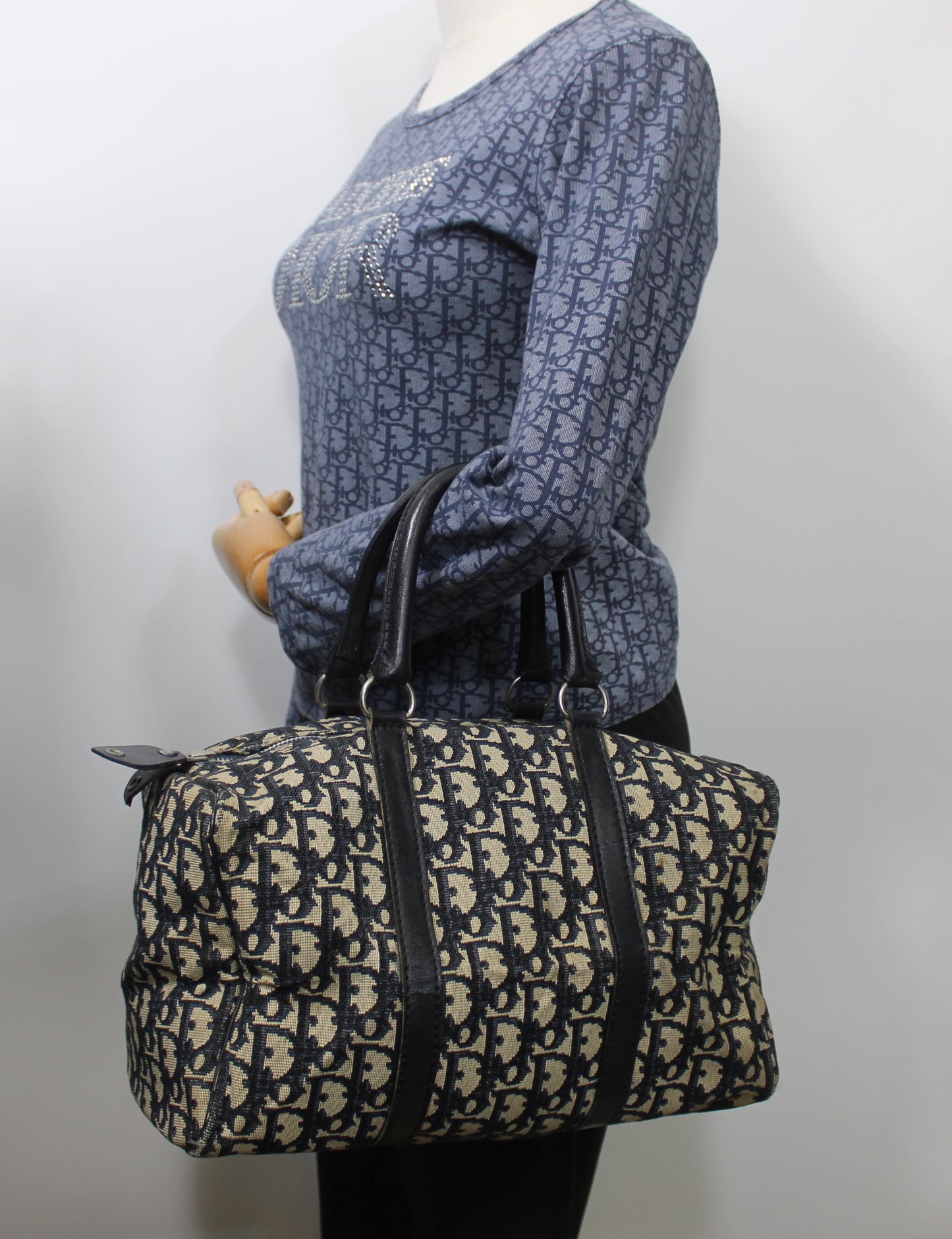 Christian Dior Navy Trotter Canvas Leather Boston Bag