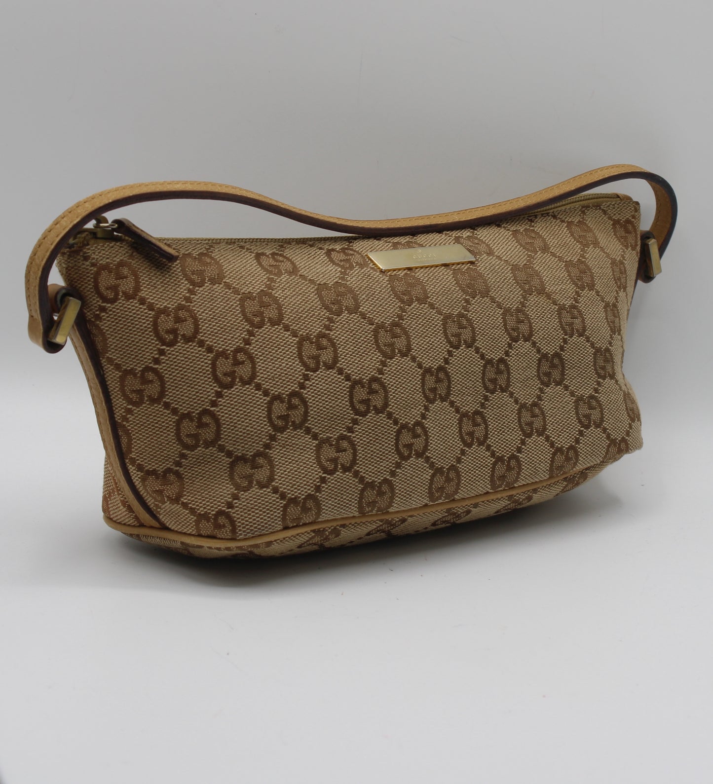 Gucci Beige GG Canvas Leather Trim Small Boat Handbag
