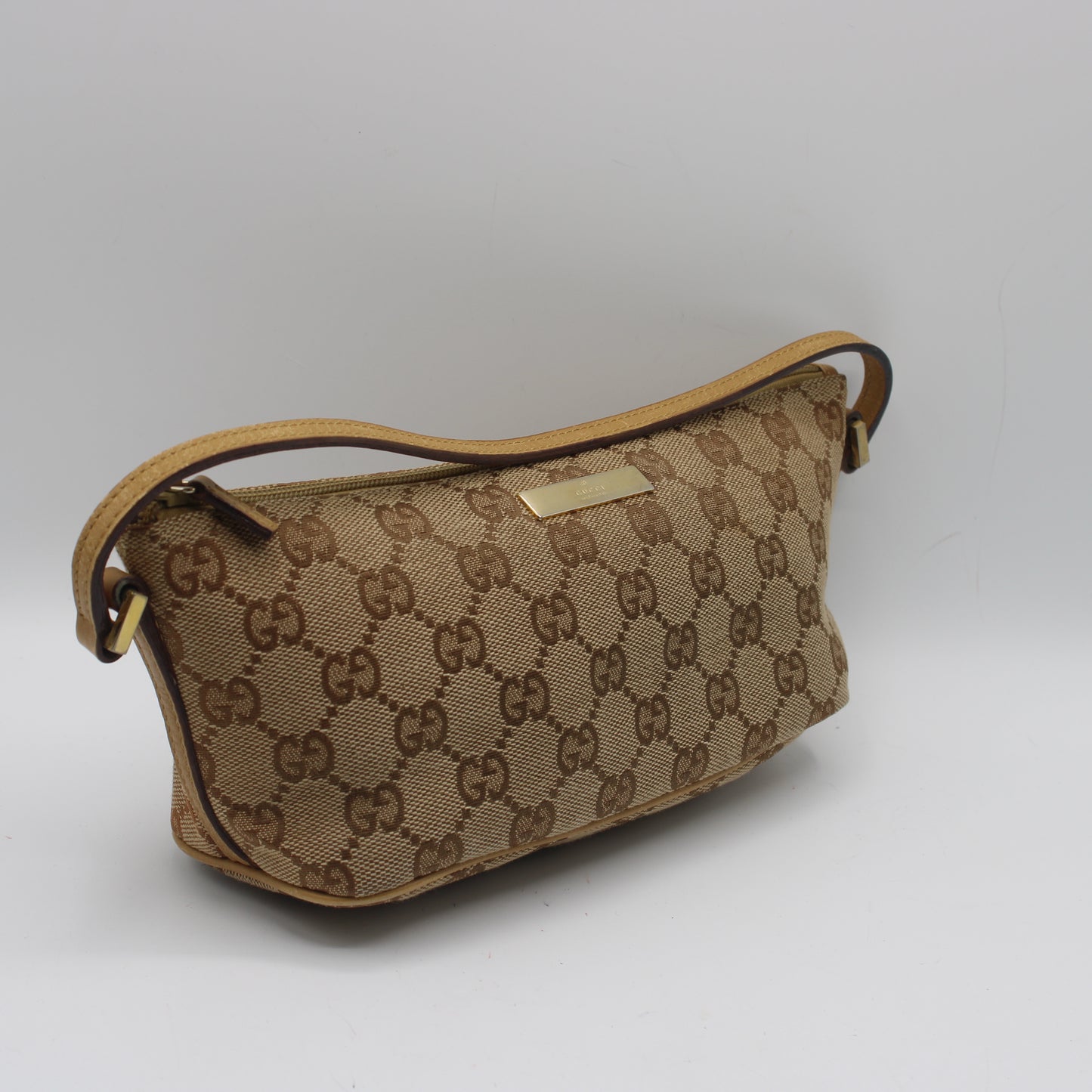 Gucci Beige GG Canvas Leather Trim Small Boat Handbag