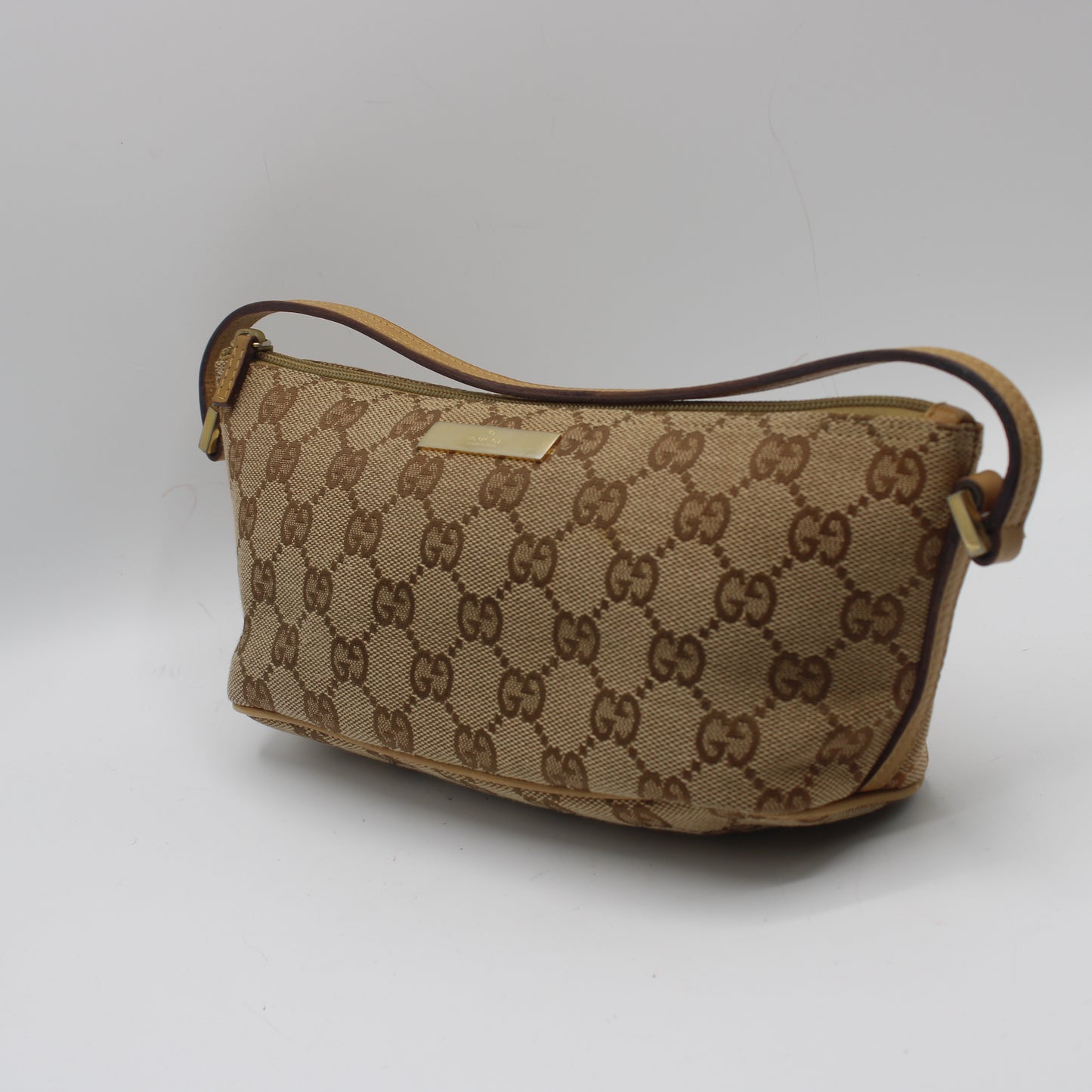 Gucci Beige GG Canvas Leather Trim Small Boat Handbag
