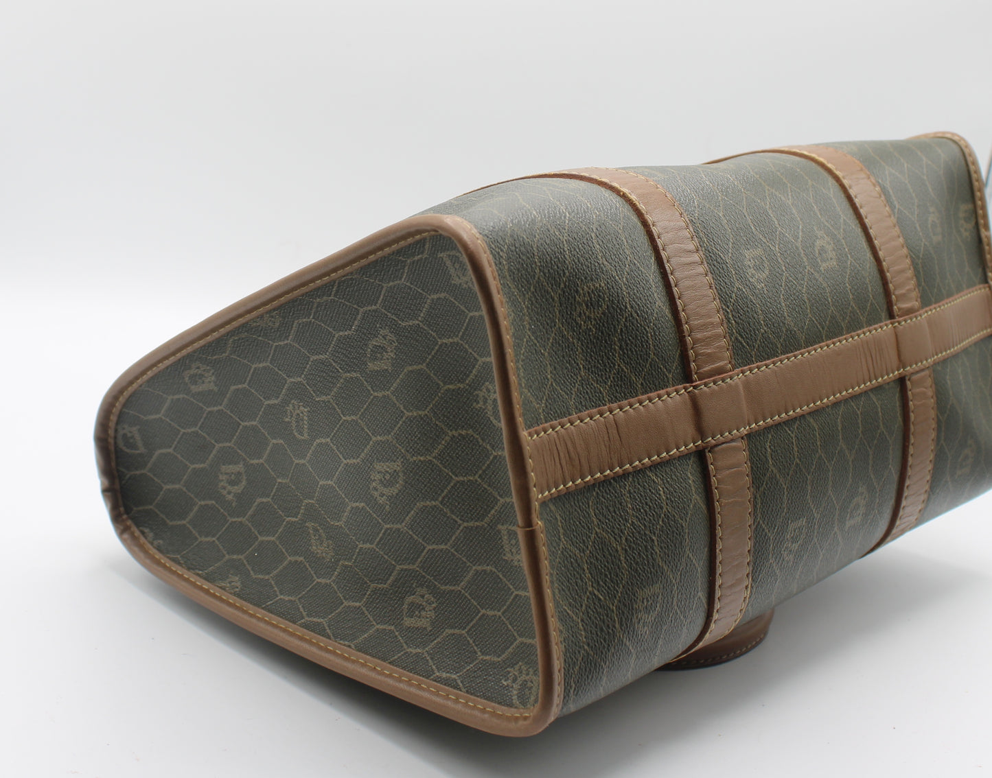 Christian Dior Brown Honeycomb Canvas Leather Boston Bag
