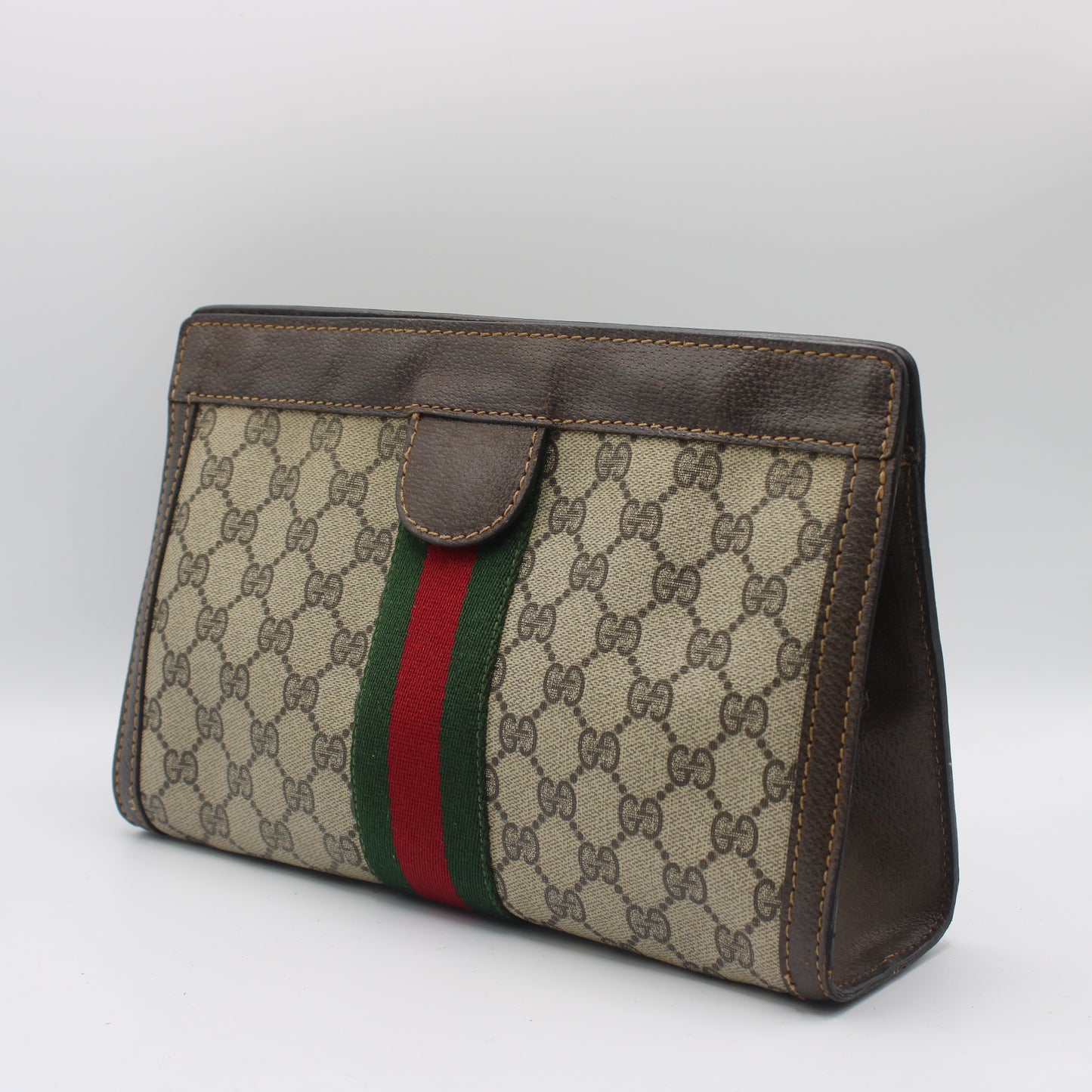 Gucci Beige GG Canvas Brown Leather Stripe Clutch Bag