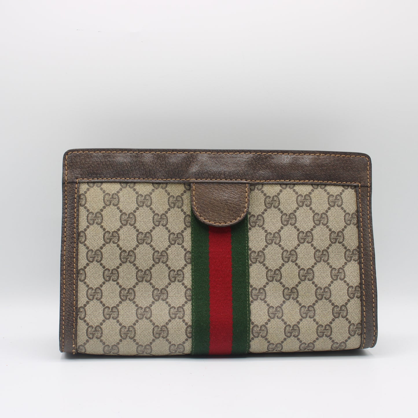 Gucci Beige GG Canvas Brown Leather Stripe Clutch Bag