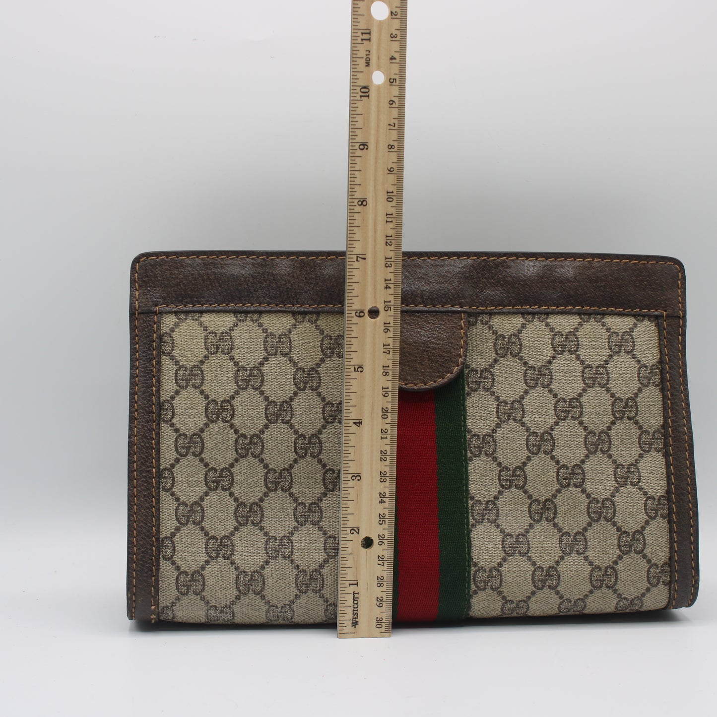 Gucci Beige GG Canvas Brown Leather Stripe Clutch Bag