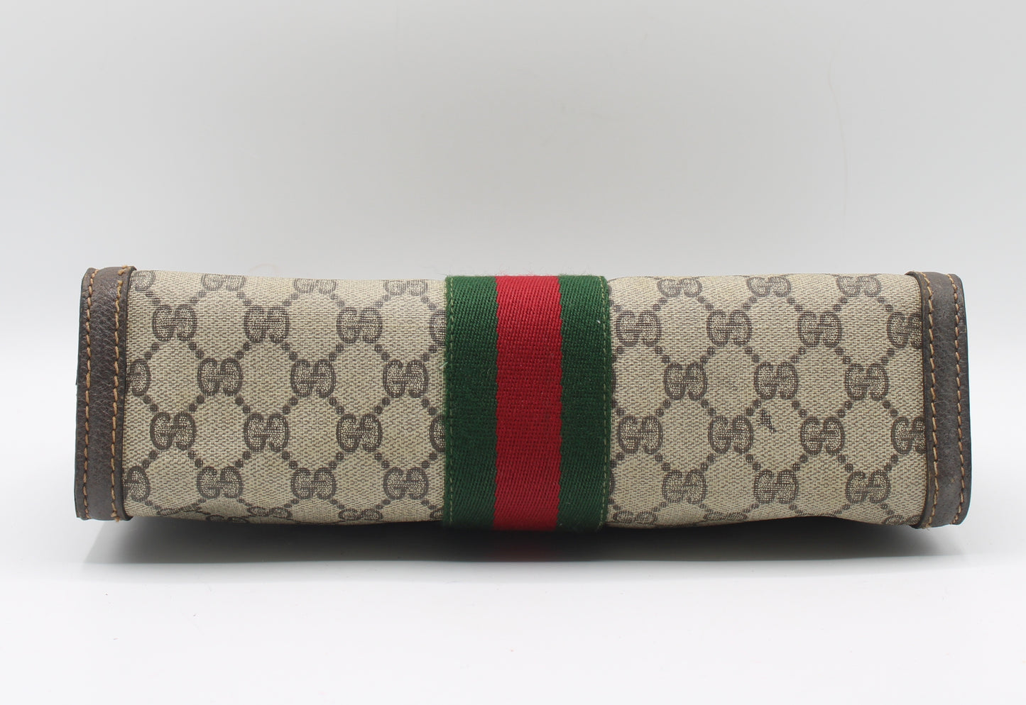Gucci Beige GG Canvas Brown Leather Stripe Clutch Bag