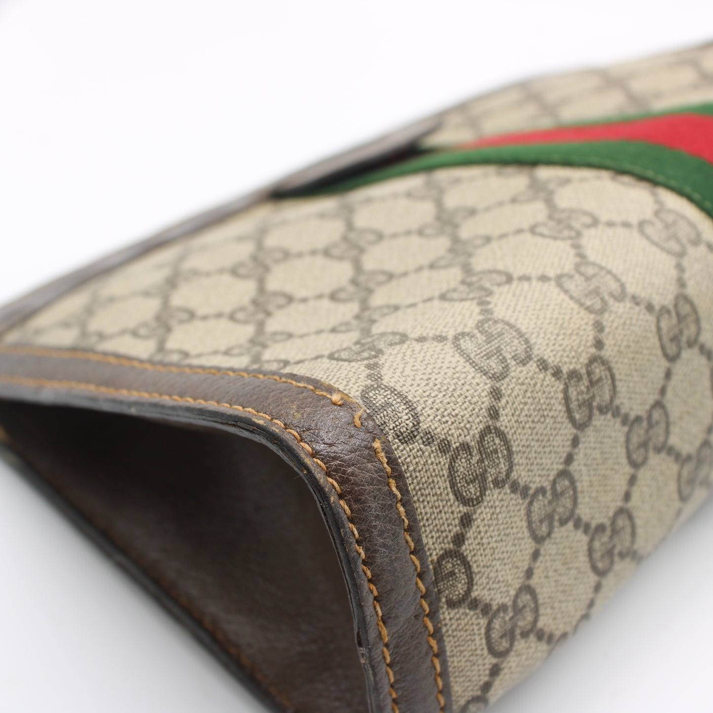Gucci Beige GG Canvas Brown Leather Stripe Clutch Bag