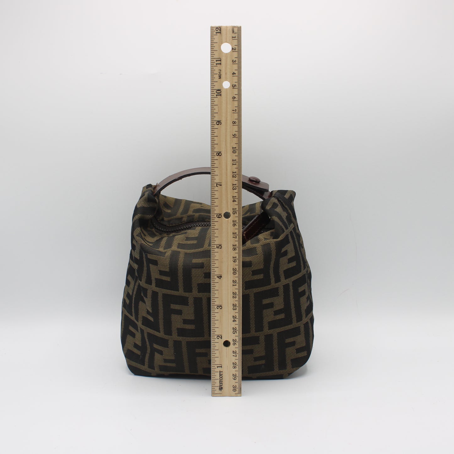 Fendi Brown Zucca Canvas Pouch Handbag With Leather Handle