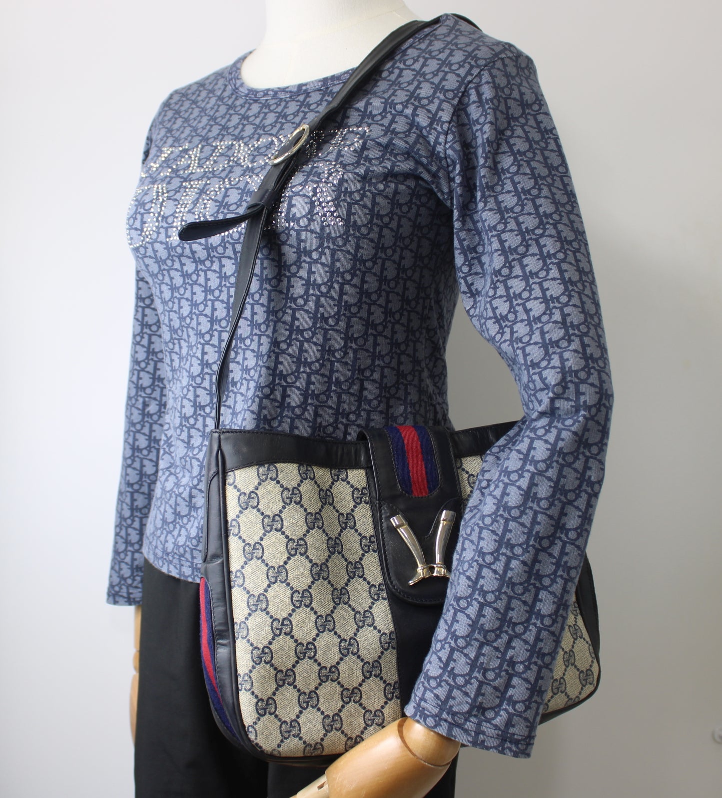 Gucci Navy Leather Gg Canvas Boots Flap Shoulder Bag