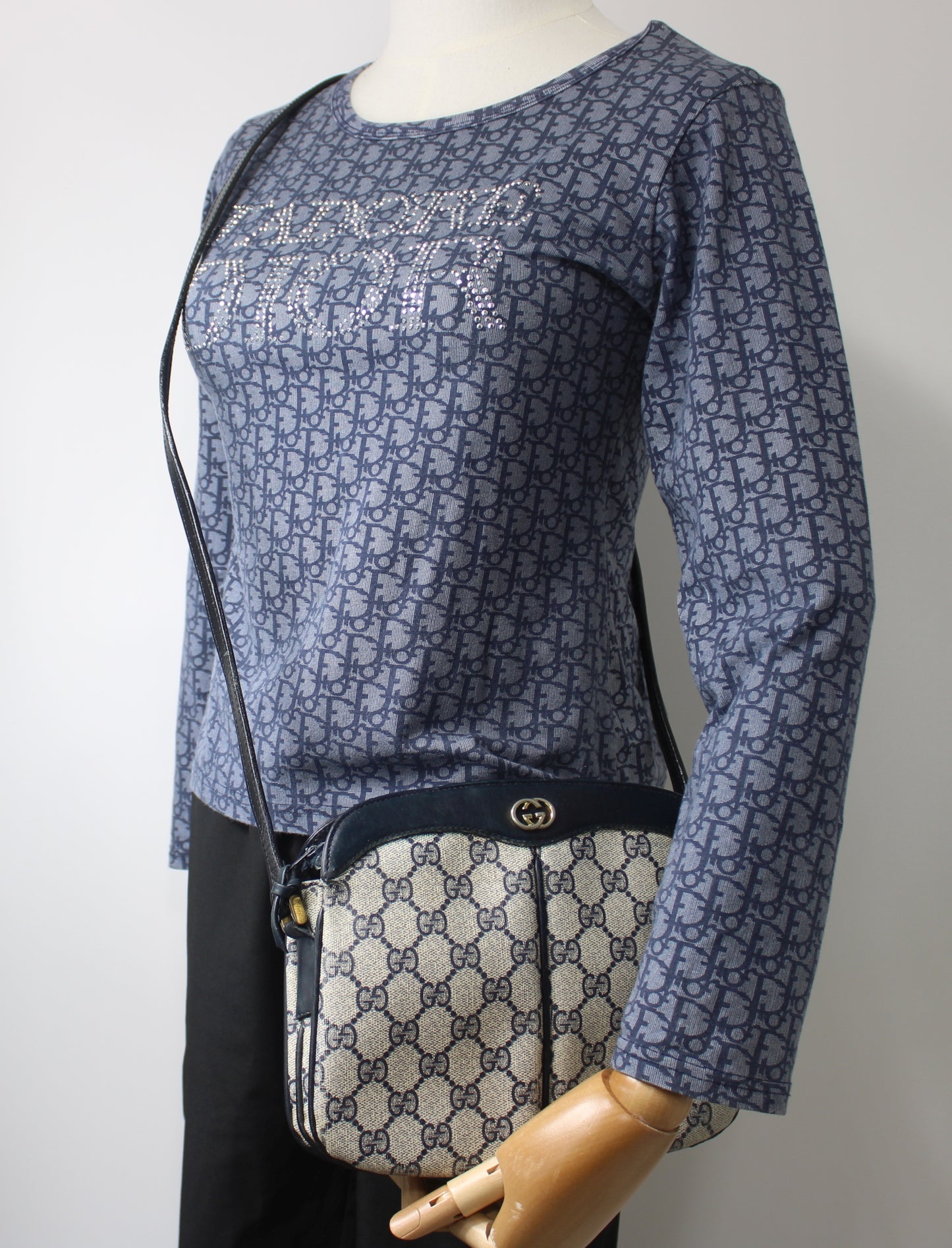 Gucci Beige And Navy GG Canvas Leather Trim Crossbody Bag