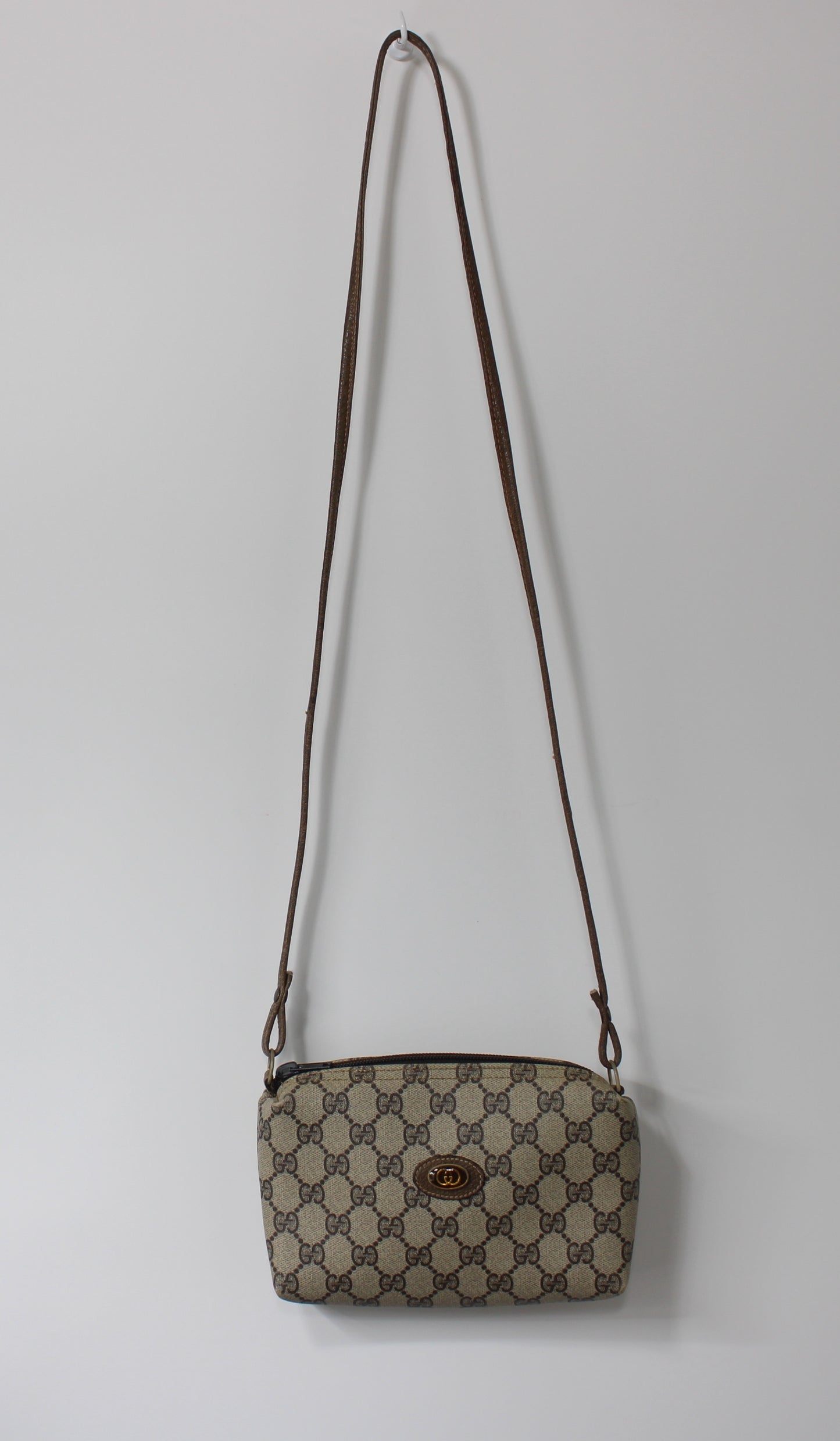 Gucci Beige Brown GG Supreme Canvas Leather Crossbody Bag