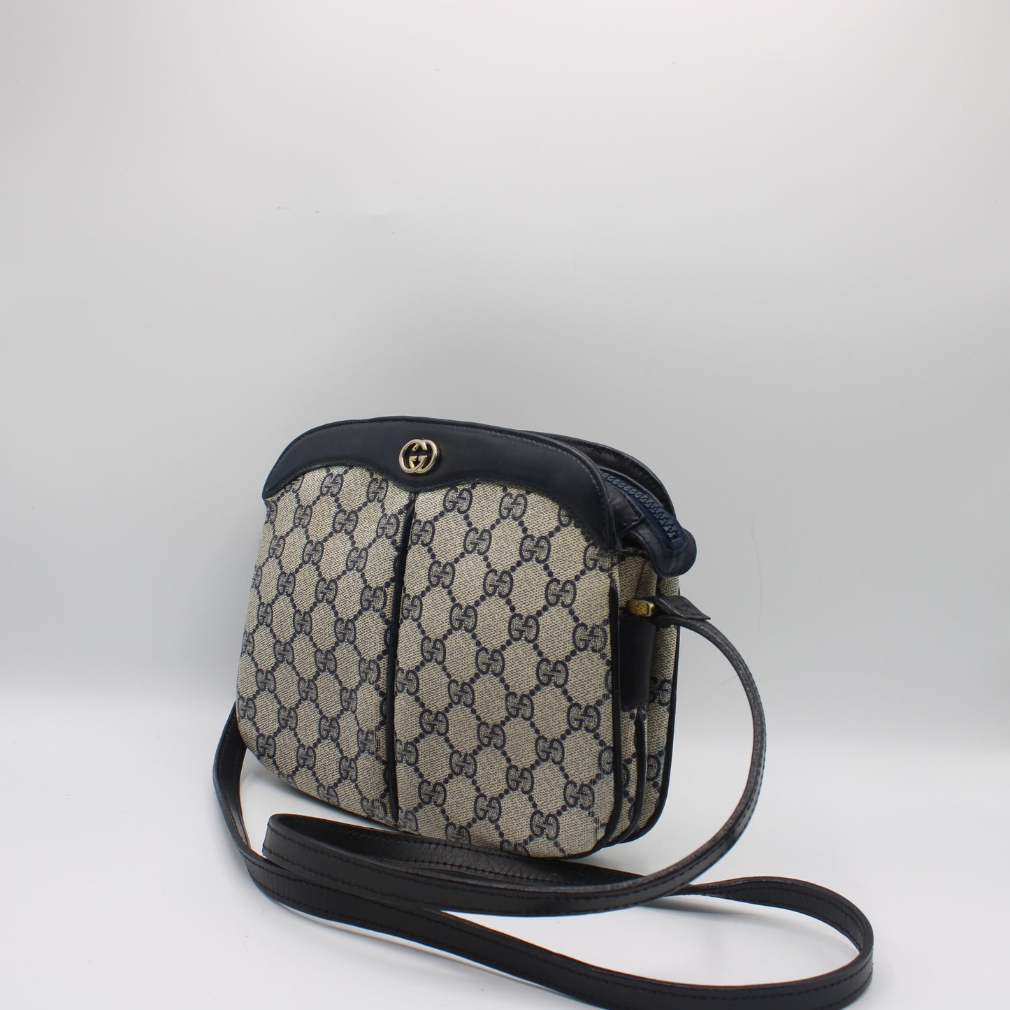 Gucci Beige And Navy GG Canvas Leather Trim Crossbody Bag