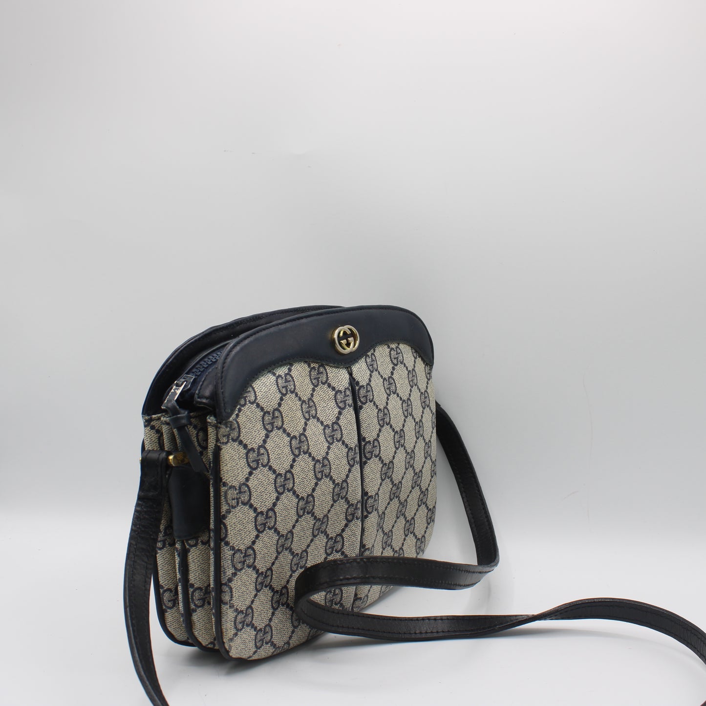Gucci Beige And Navy GG Canvas Leather Trim Crossbody Bag
