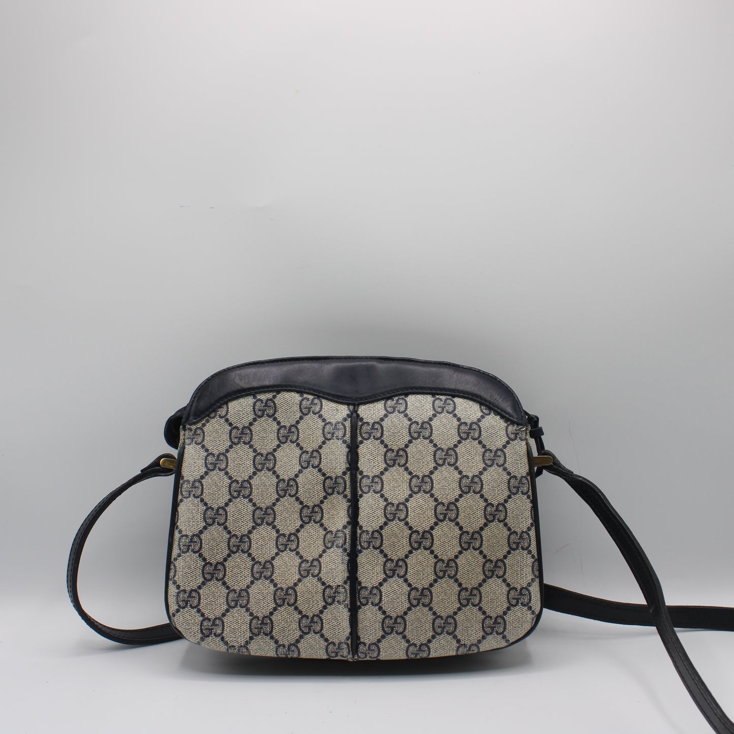 Gucci Beige And Navy GG Canvas Leather Trim Crossbody Bag