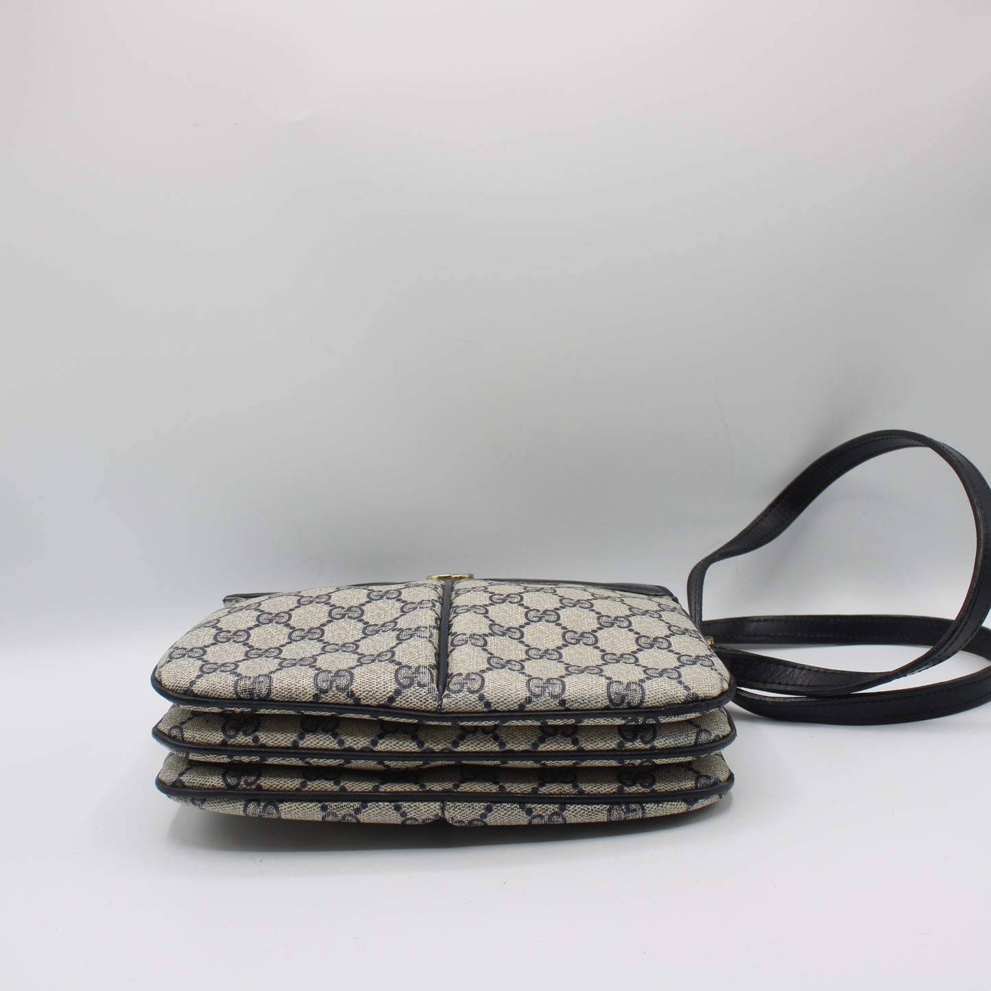 Gucci Beige And Navy GG Canvas Leather Trim Crossbody Bag