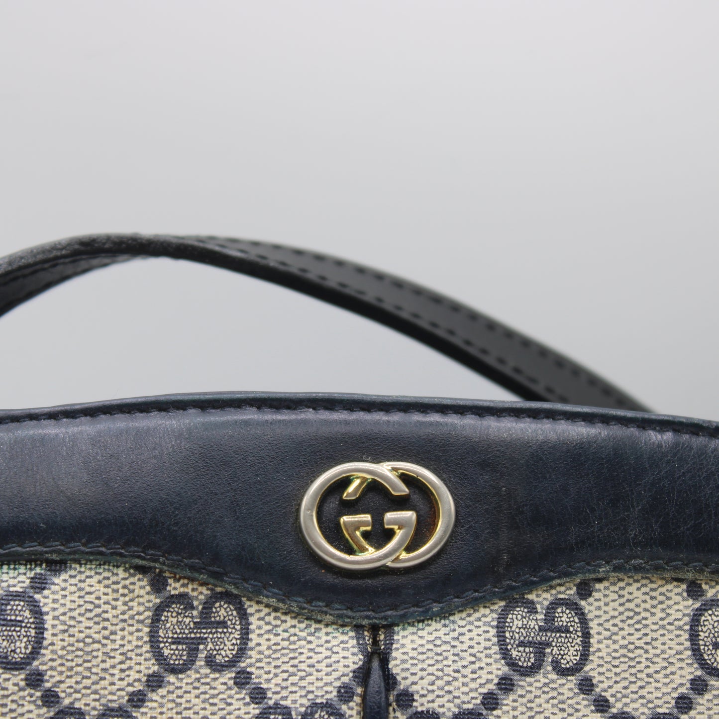Gucci Beige And Navy GG Canvas Leather Trim Crossbody Bag