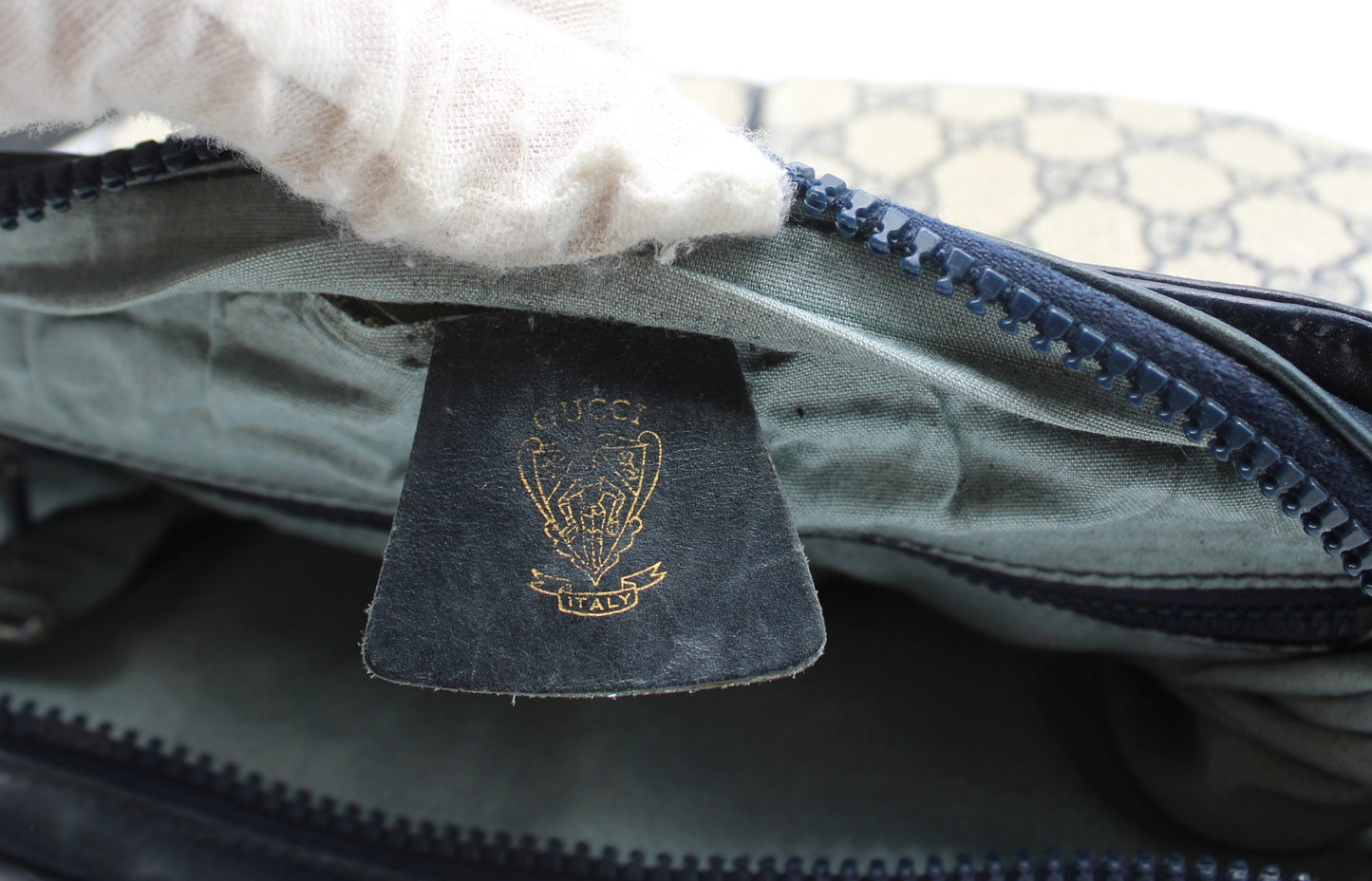 Gucci Beige And Navy GG Canvas Leather Trim Crossbody Bag