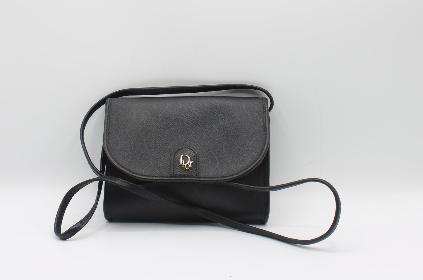 Christian Dior Black Leather Honeycomb Logo Flap Crossbody Bag