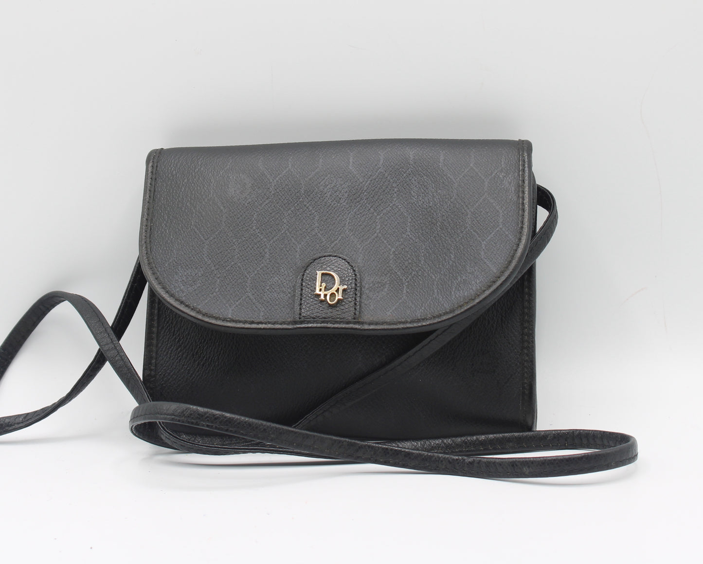 Christian Dior Black Leather Honeycomb Logo Flap Crossbody Bag