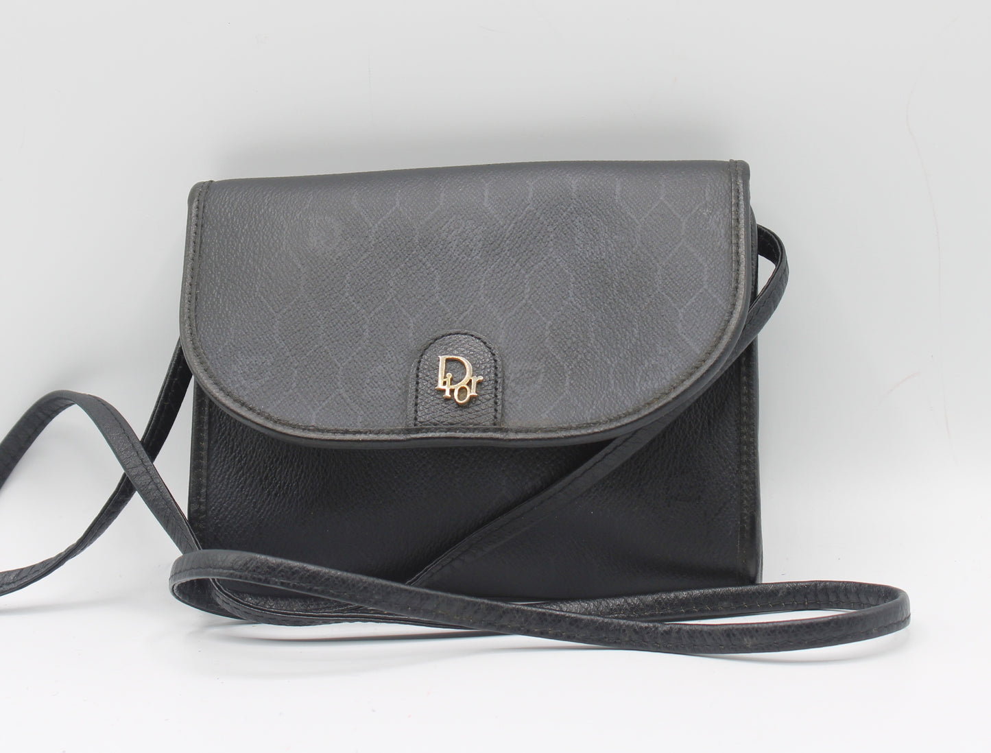 Christian Dior Black Leather Honeycomb Logo Flap Crossbody Bag