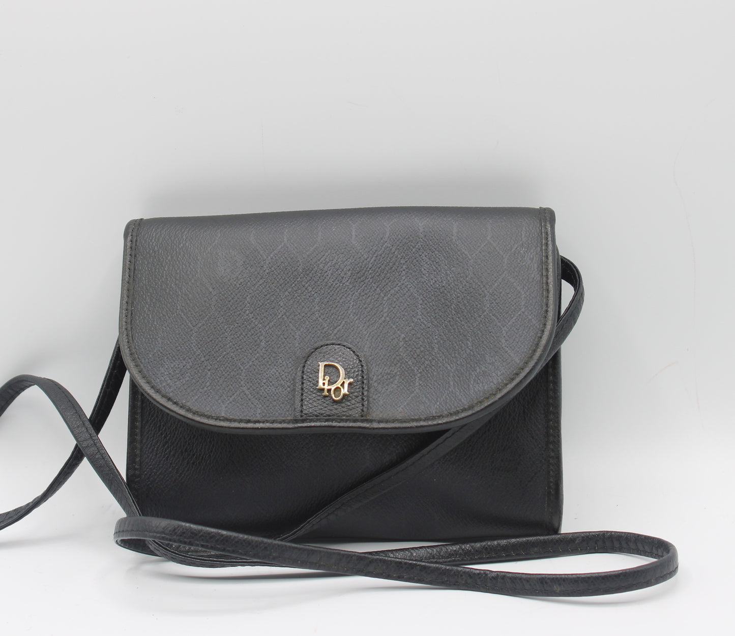 Christian Dior Black Leather Honeycomb Logo Flap Crossbody Bag