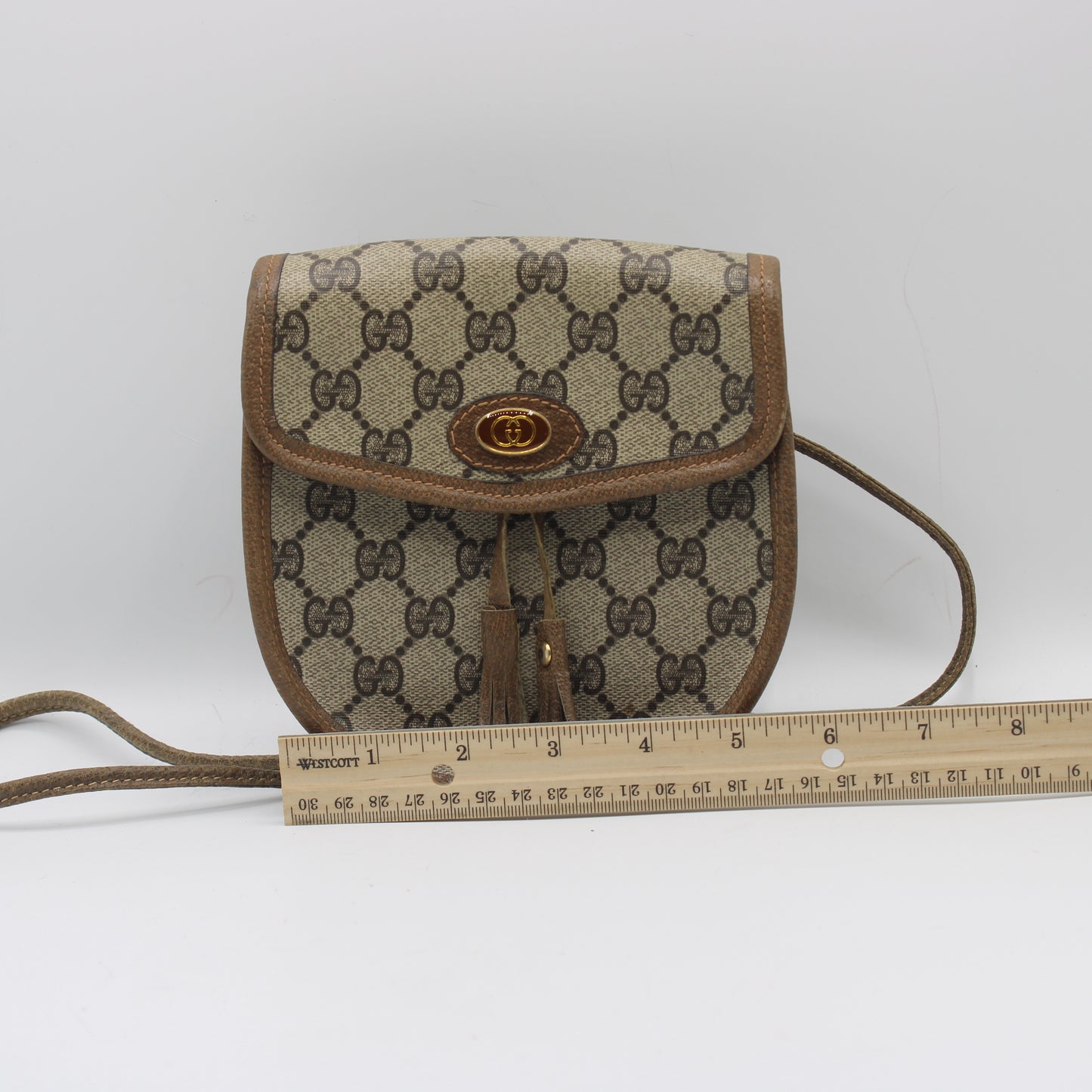 Gucci Beige Brown Monogram Mini Crossbody Bag With Tassel