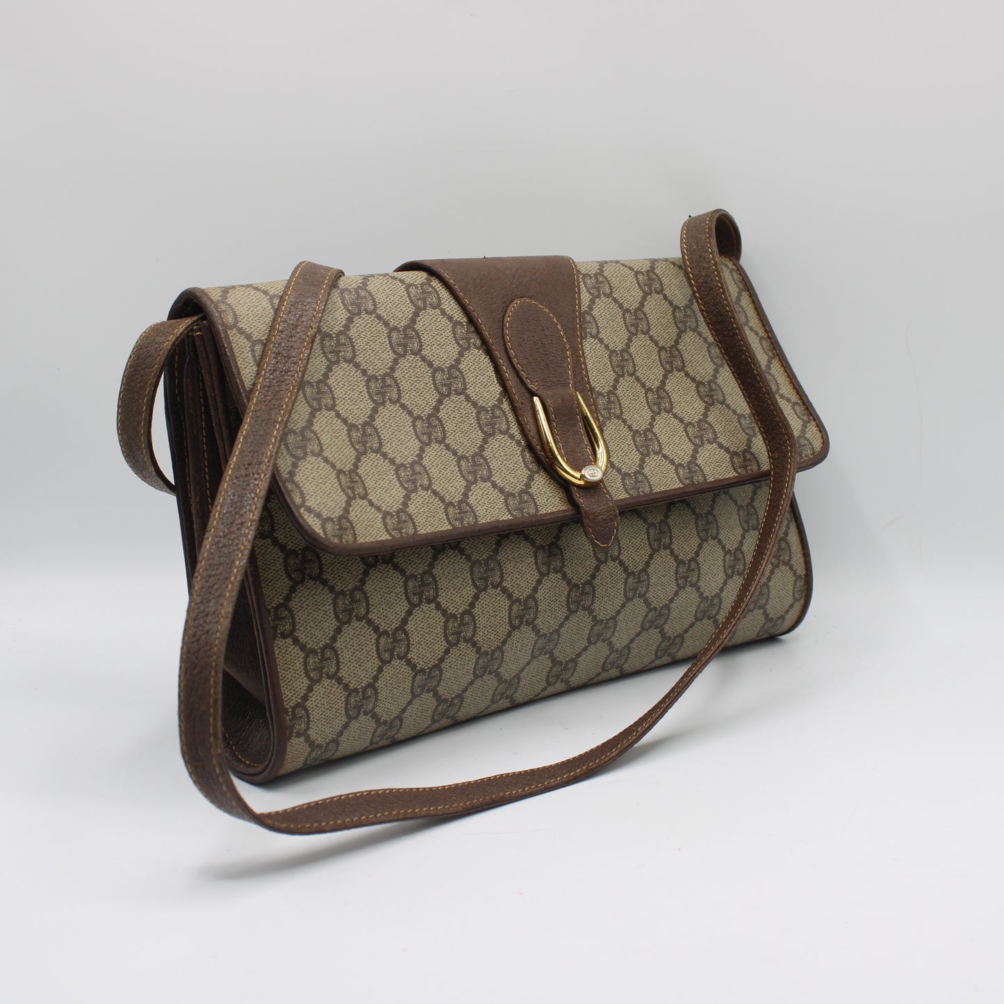 Gucci Brown GG Canvas Leather Flap Crossbody Bag