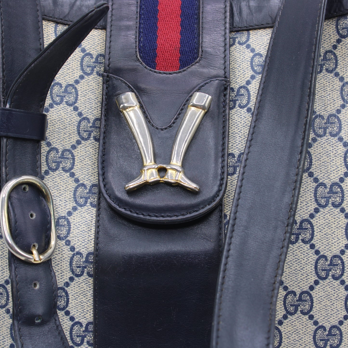 Gucci Navy Leather Gg Canvas Boots Flap Shoulder Bag