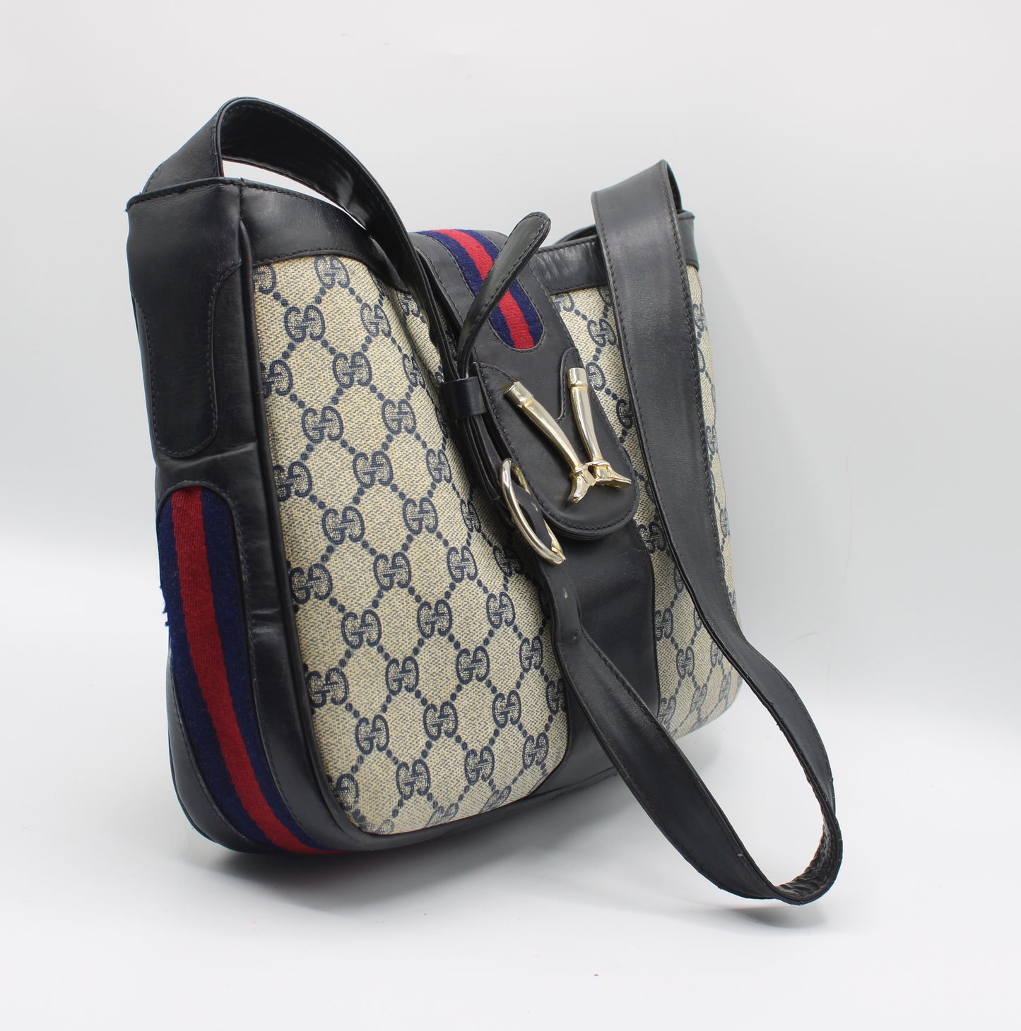 Gucci Navy Leather Gg Canvas Boots Flap Shoulder Bag