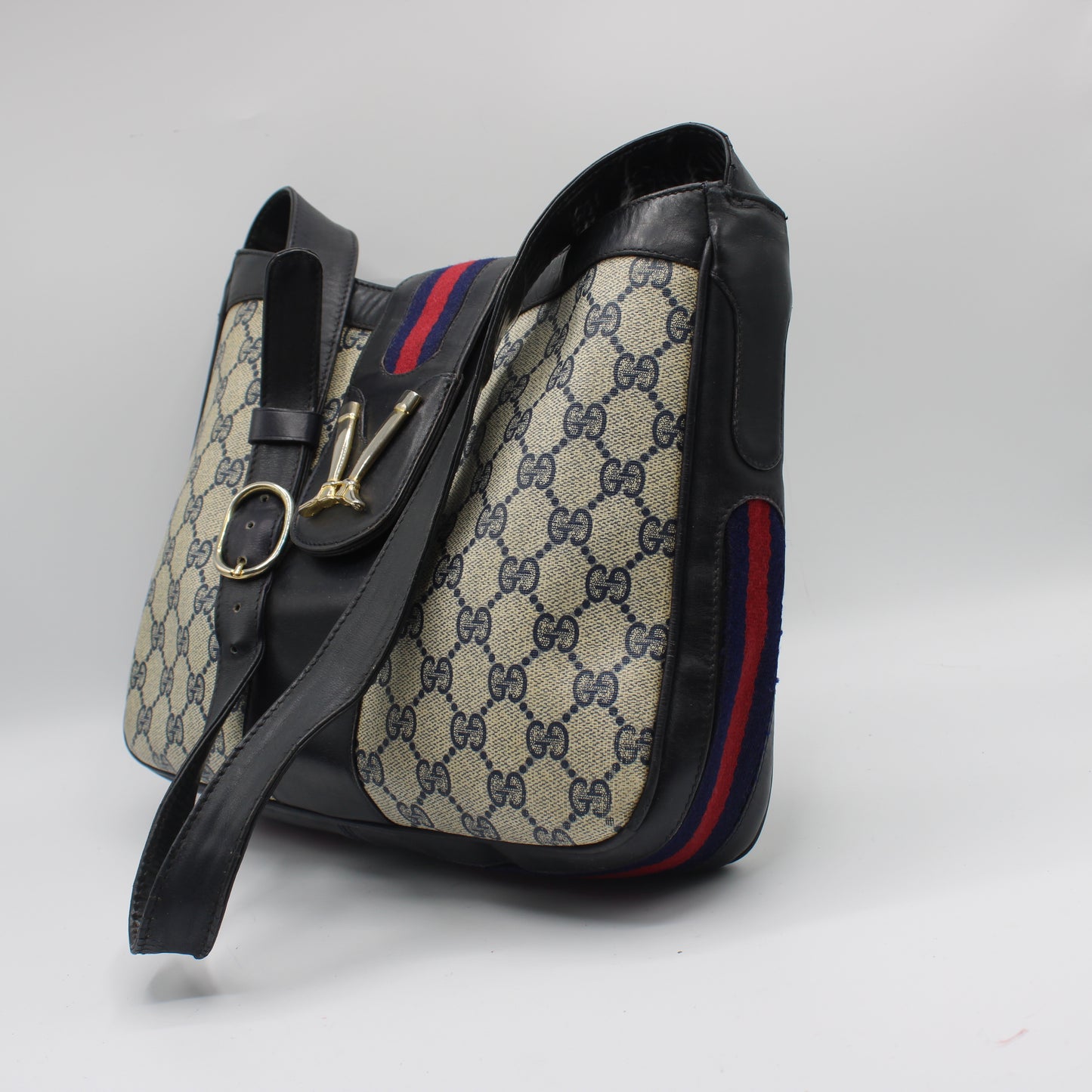 Gucci Navy Leather Gg Canvas Boots Flap Shoulder Bag
