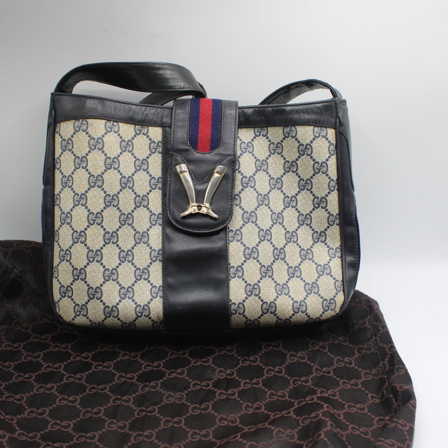 Gucci Navy Leather Gg Canvas Boots Flap Shoulder Bag