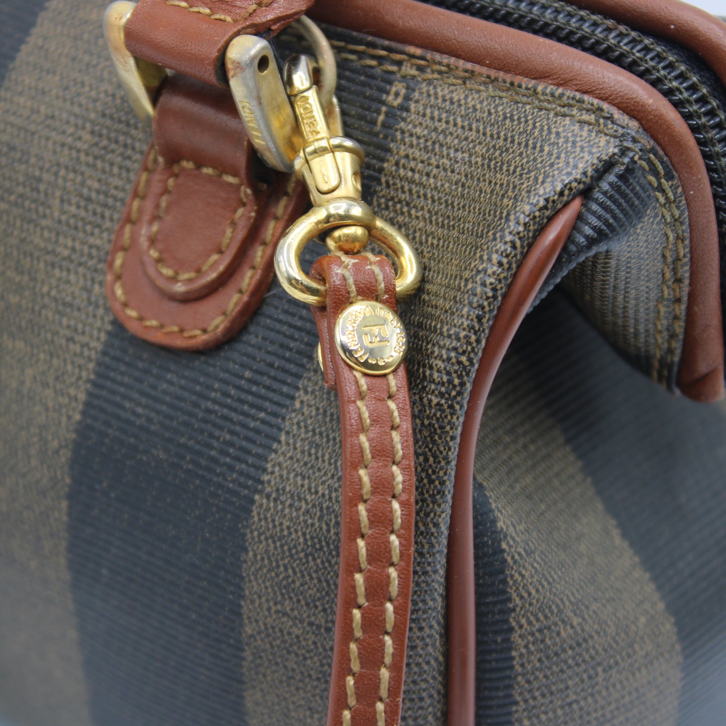 Fendi Brown Canvas Pequin Stripe Leather Mini Boston Crossbody Bag