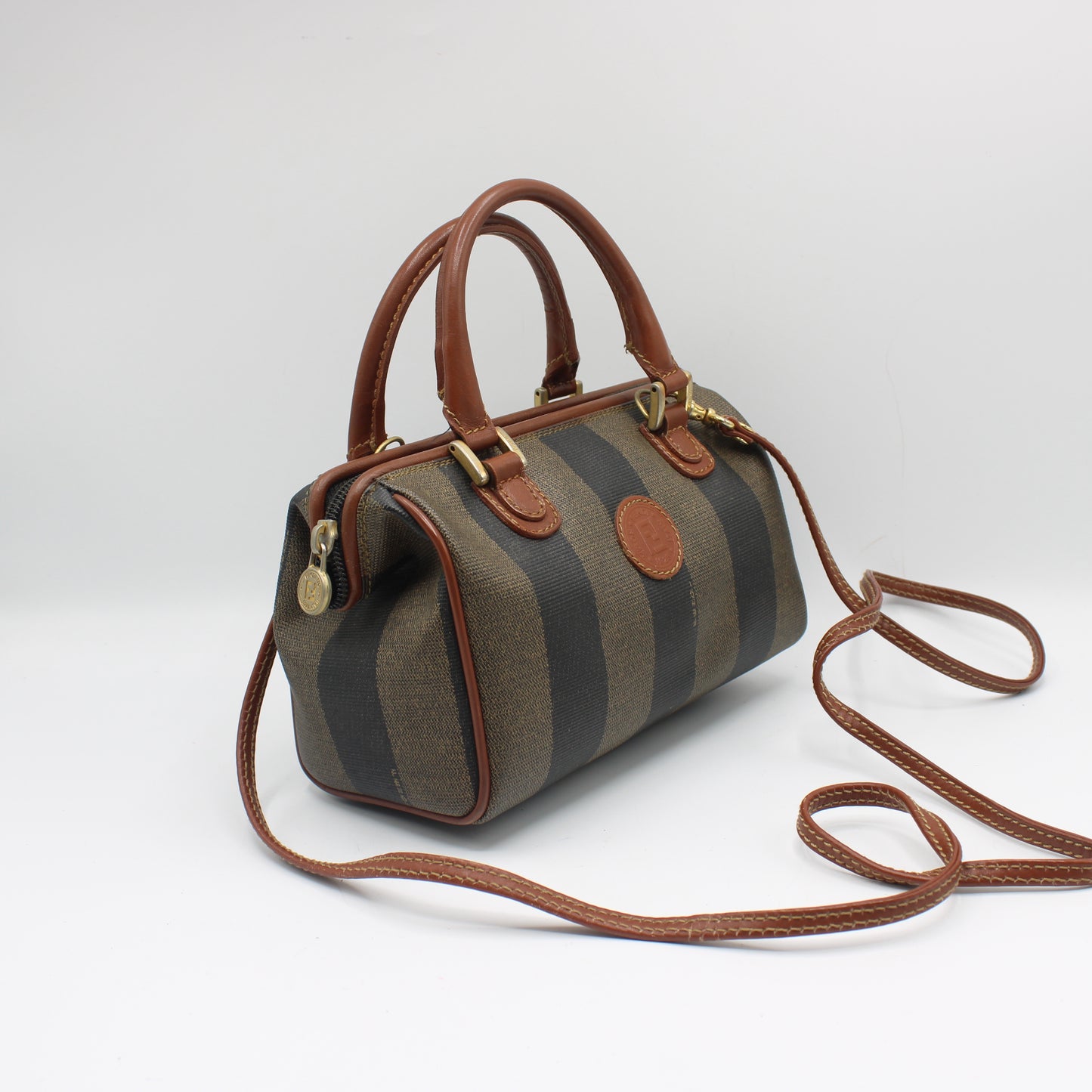 Fendi Brown Canvas Pequin Stripe Leather Mini Boston Crossbody Bag