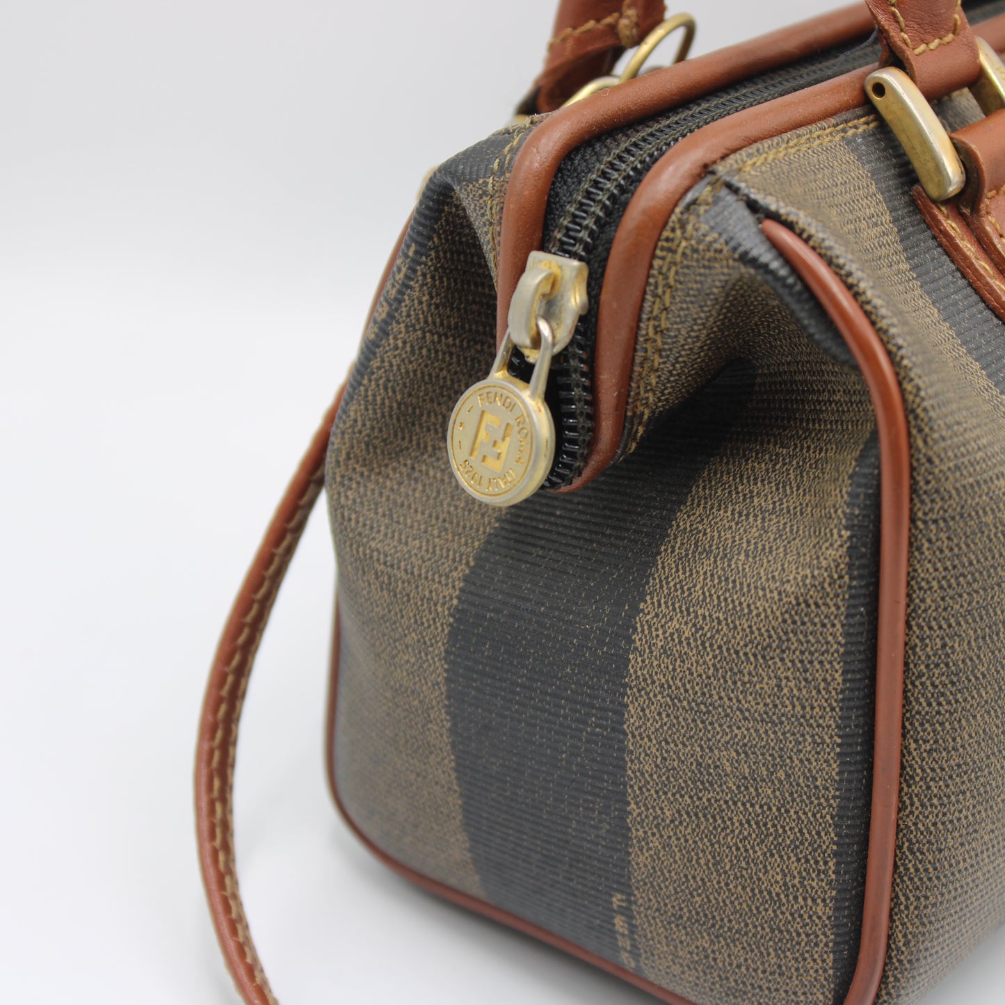 Fendi Brown Canvas Pequin Stripe Leather Mini Boston Crossbody Bag