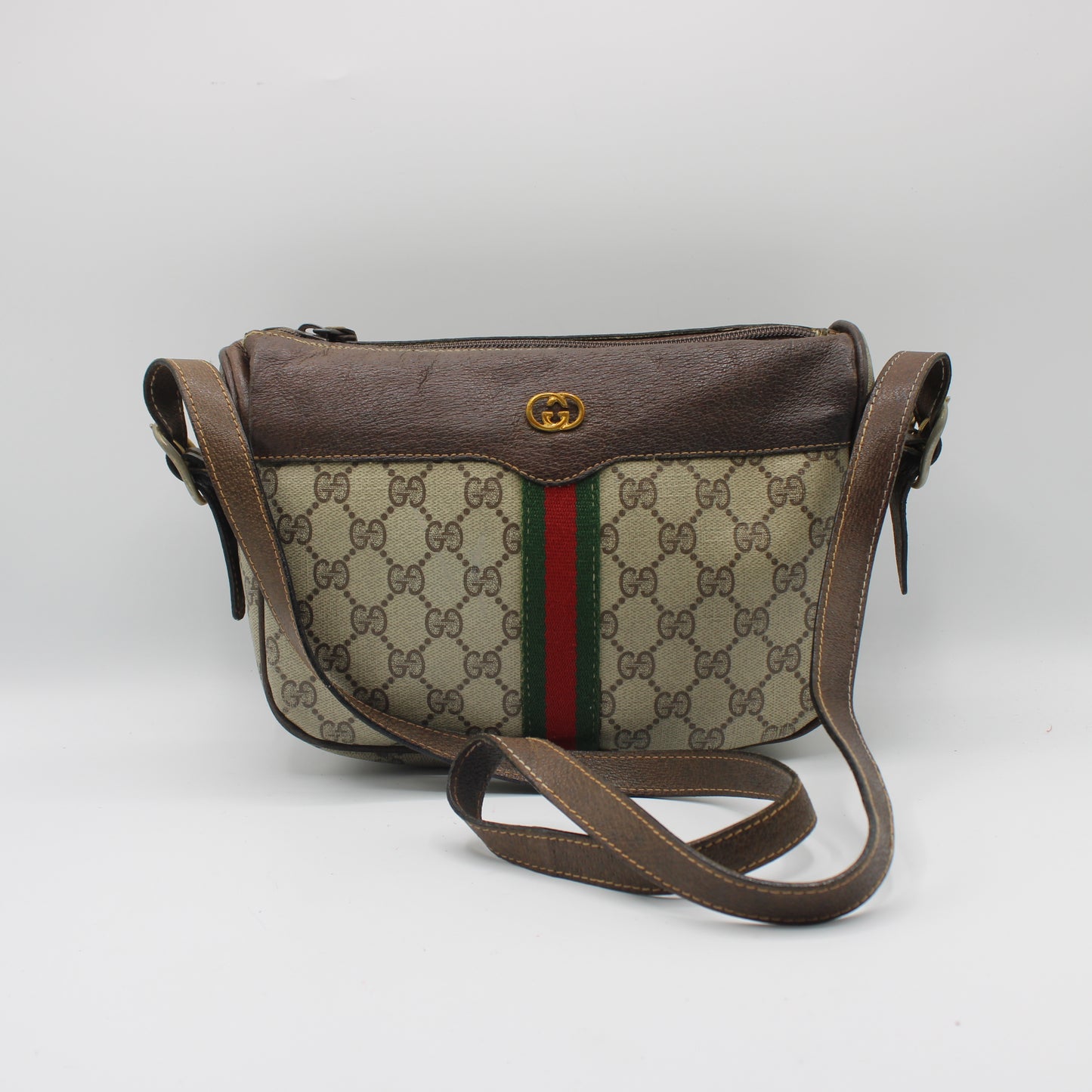 Gucci Brown Leather Trim GG Supreme Canvas Crossbody Bag